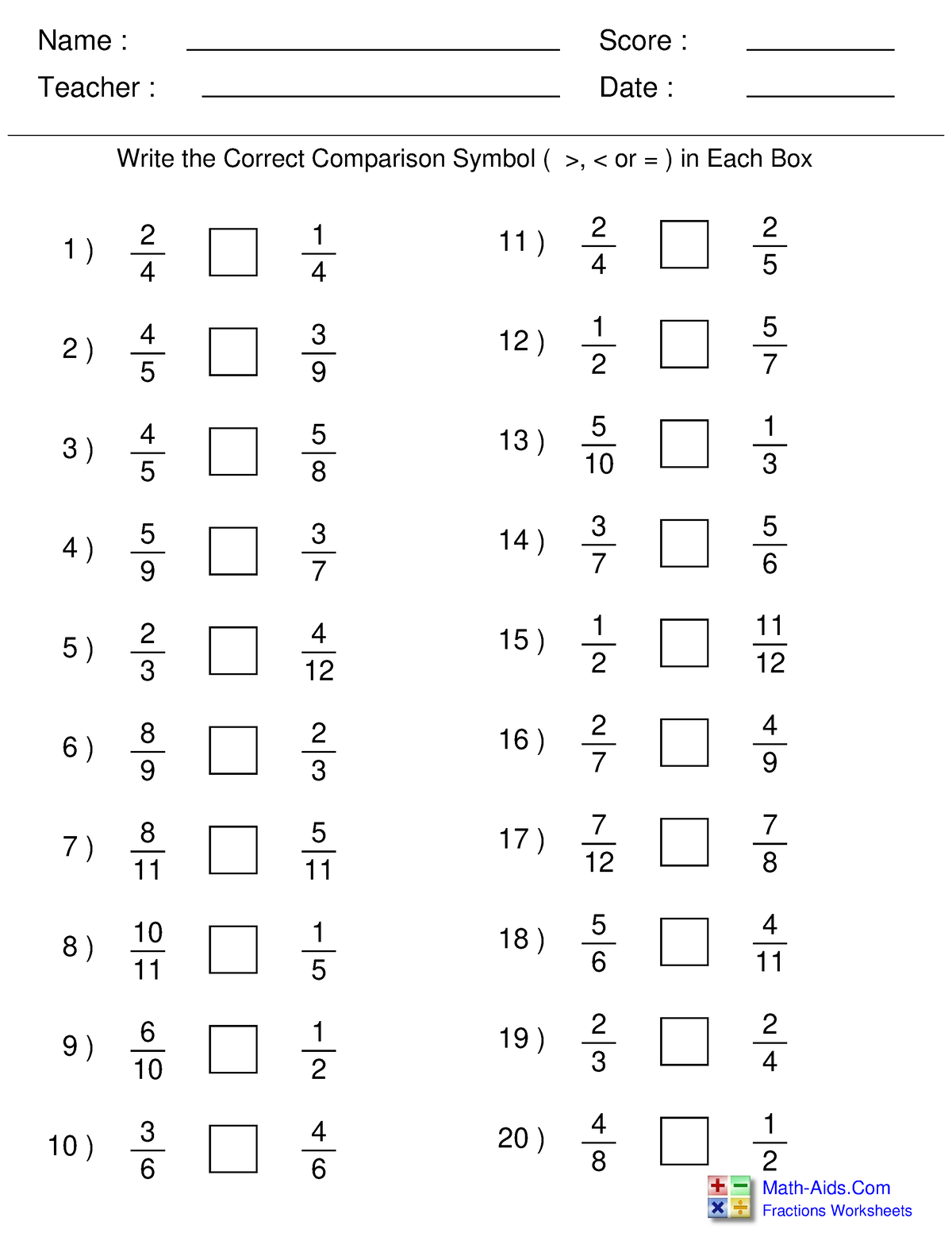 Different Numerators and Denominators Worksheet 2 - Name : Teacher ...