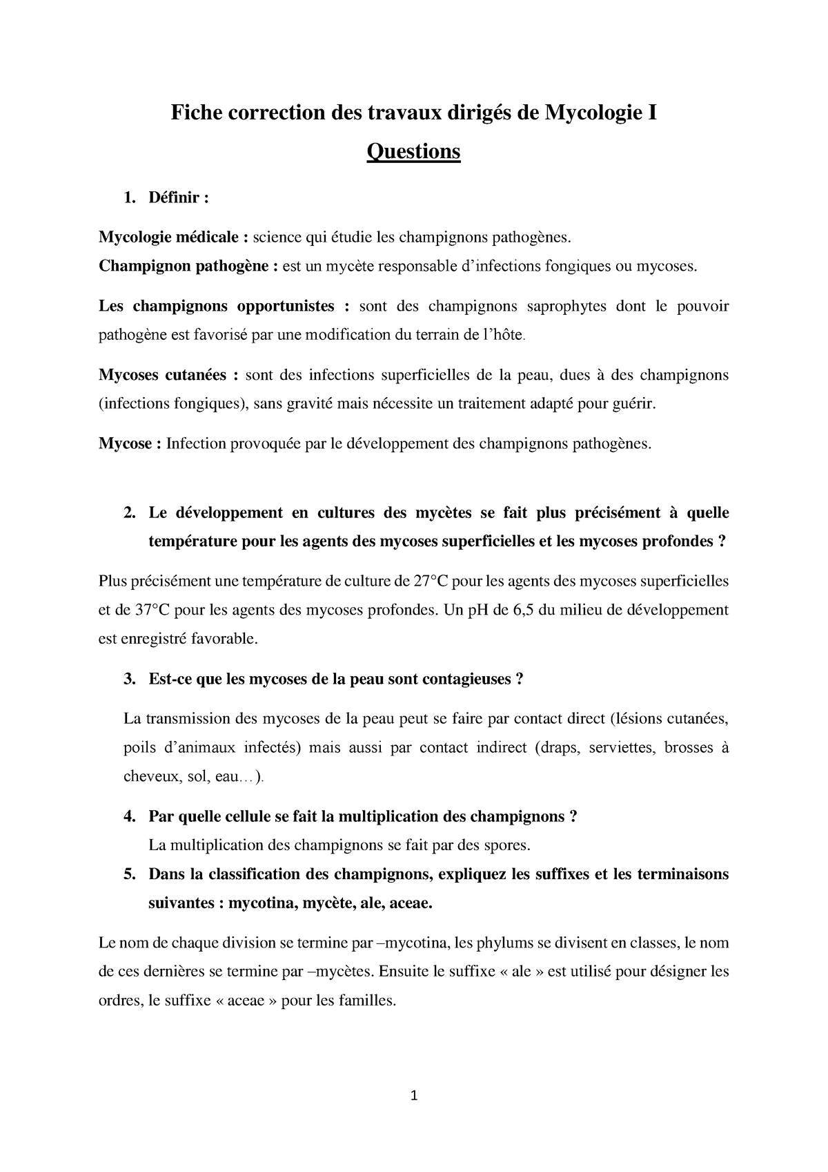 Fiche Correction Des Travaux Dirig S De Mycologie G N Rale Fiche