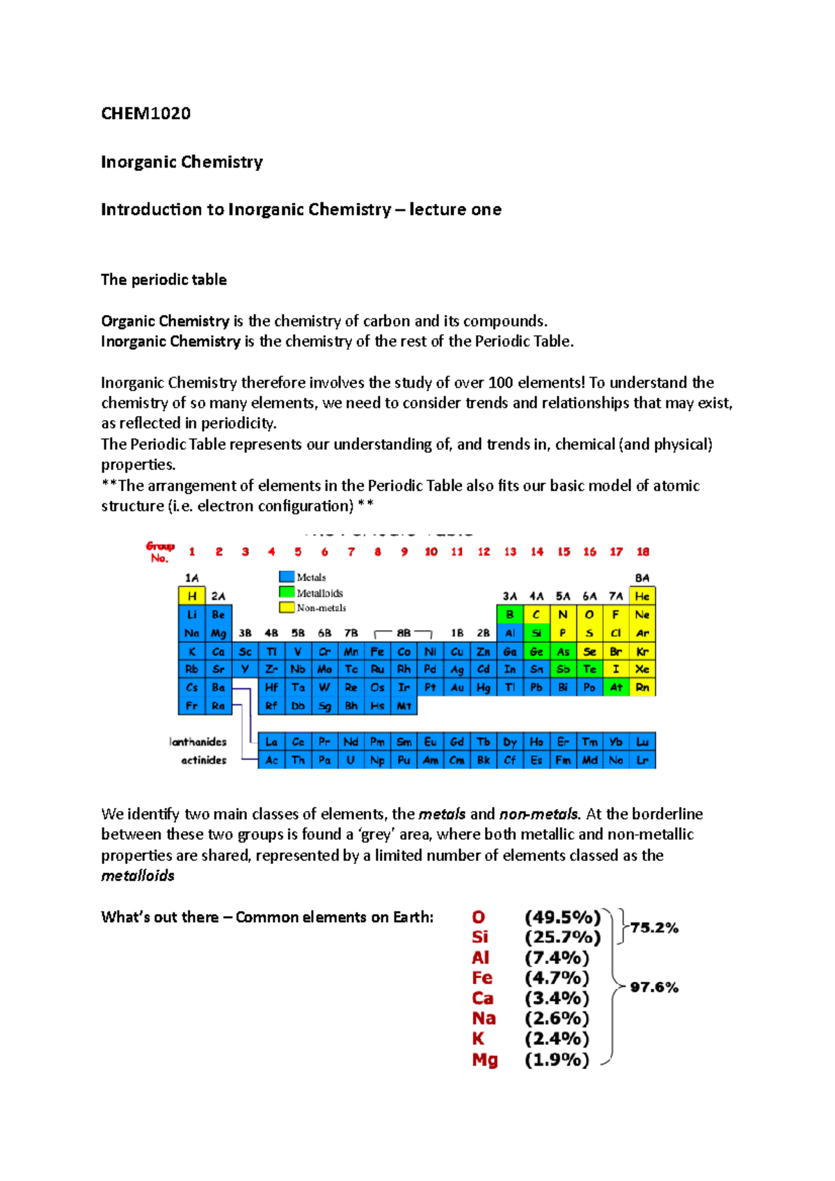 Lecture 1 - Introduction To Inorganic Chemistry - CHEM1010 - UoN - Studocu