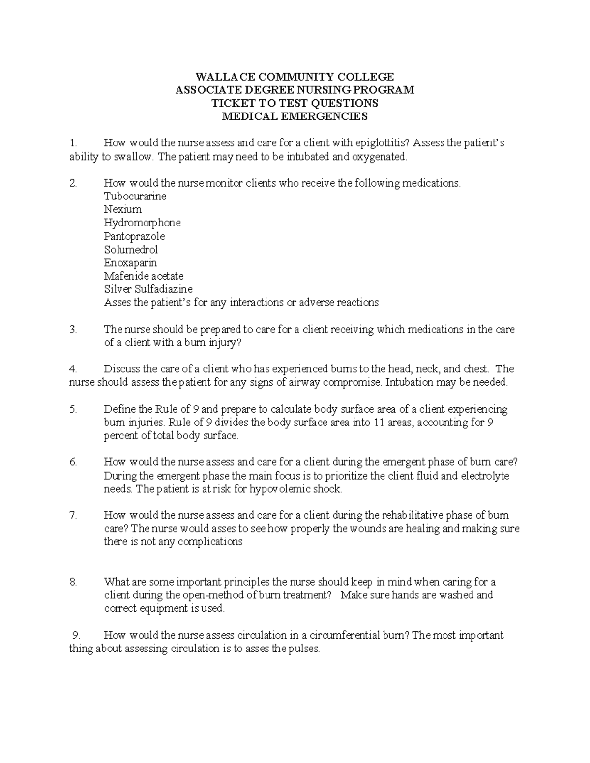 NUR 211 Medical Emergencies Ticket to Test Fall 2023 WALLACE