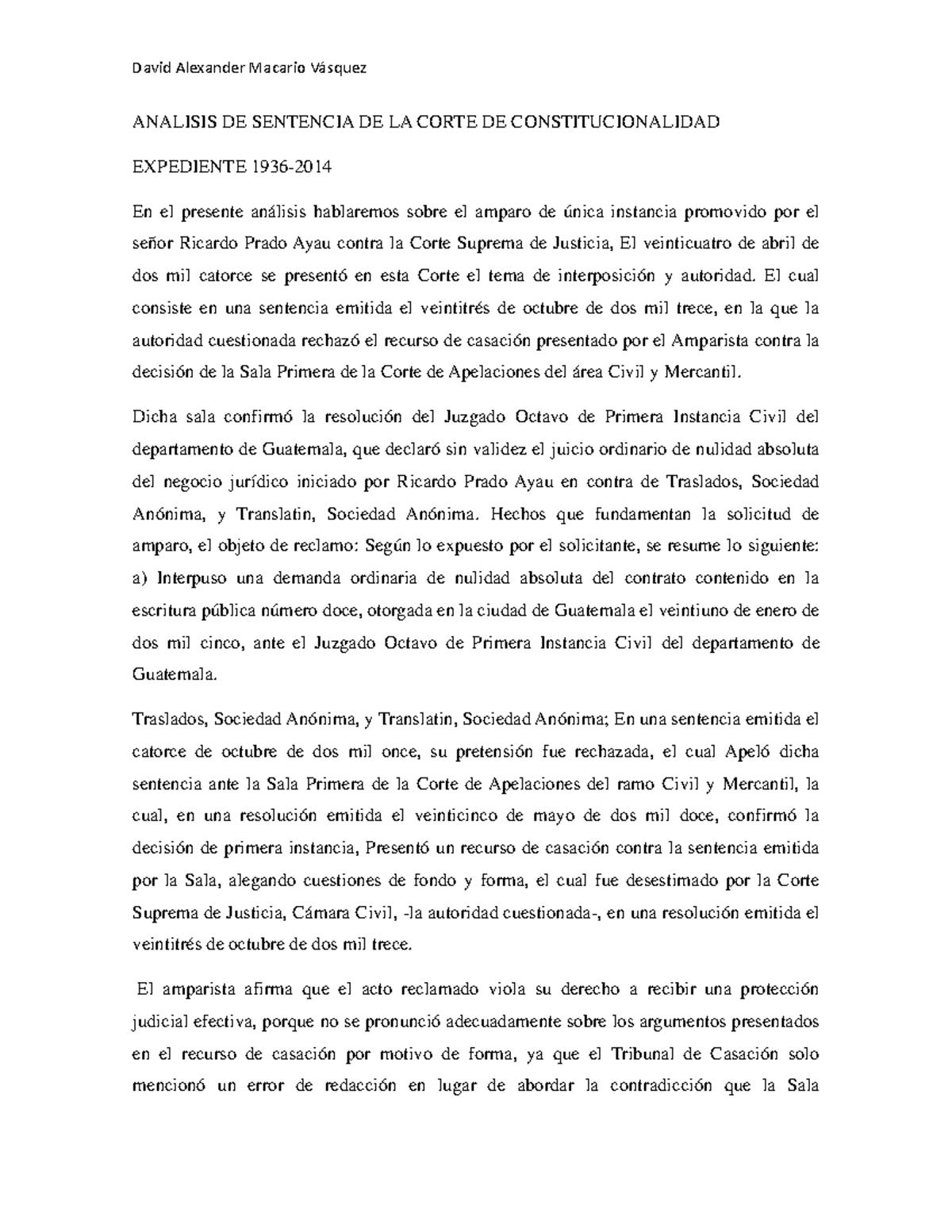 Analisis DE Sentencia DE LA Corte DE Constitucionalidad - ANALISIS DE