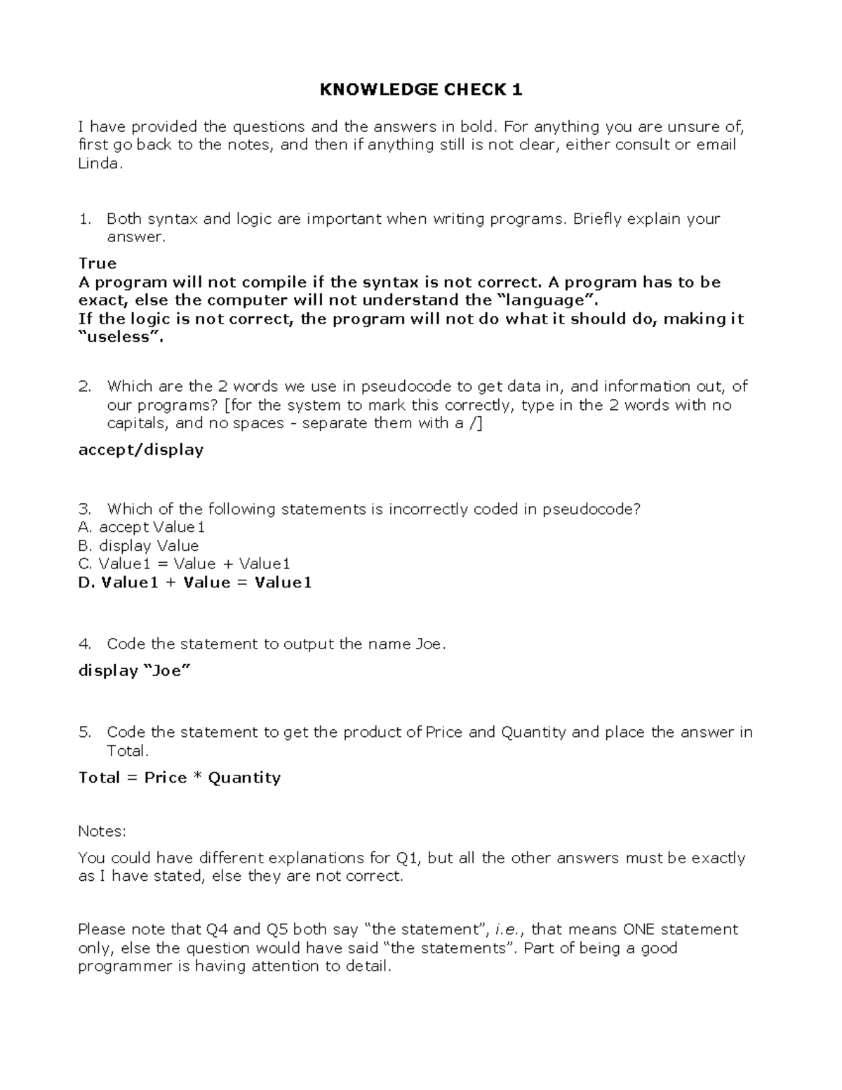 Knowledge check 1 answers KNOWLEDGE CHECK 1 I have provided the questions and the answers in