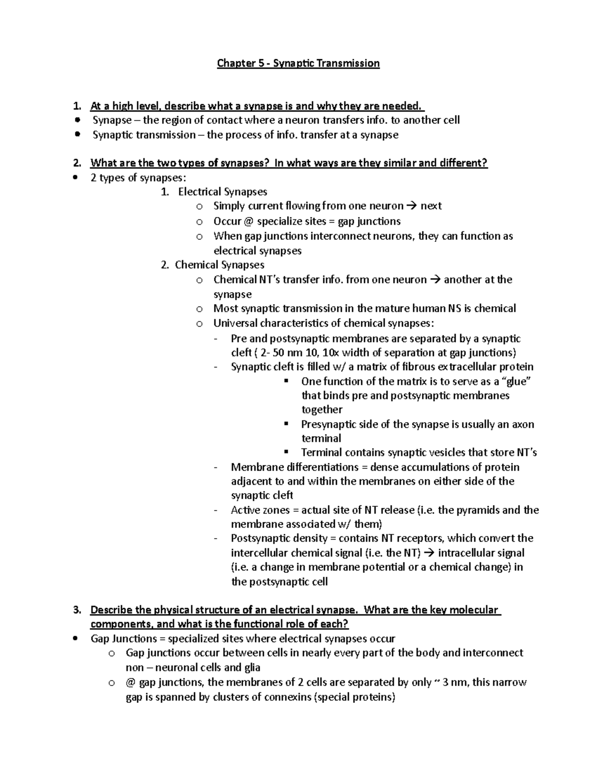 NE203 Ch 5 Study Guide - Chapter 5 - Synaptic Transmission 1. At a high ...