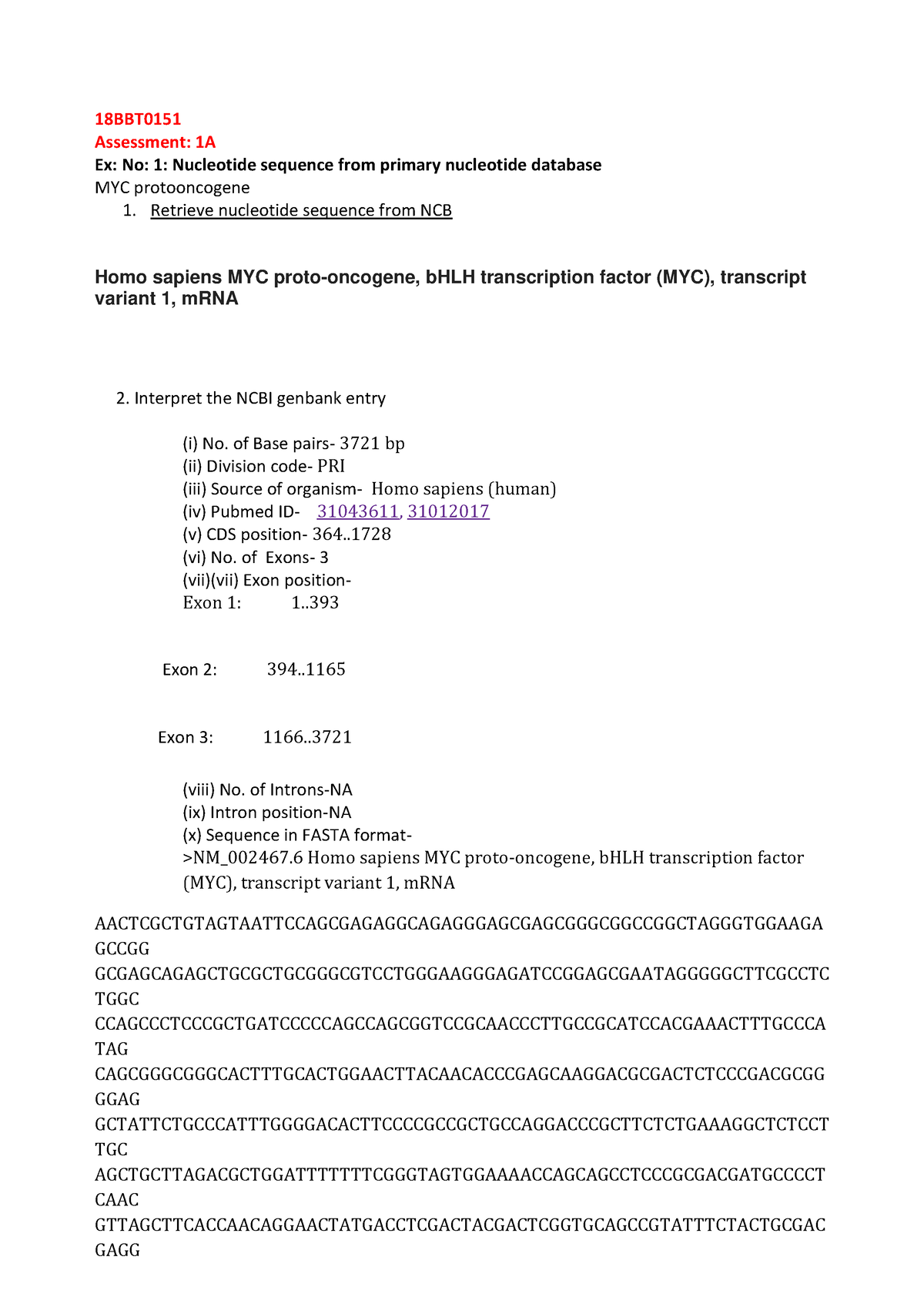 Assesmemt 1 - Nucleotide sequence from primary nucleotide database ...