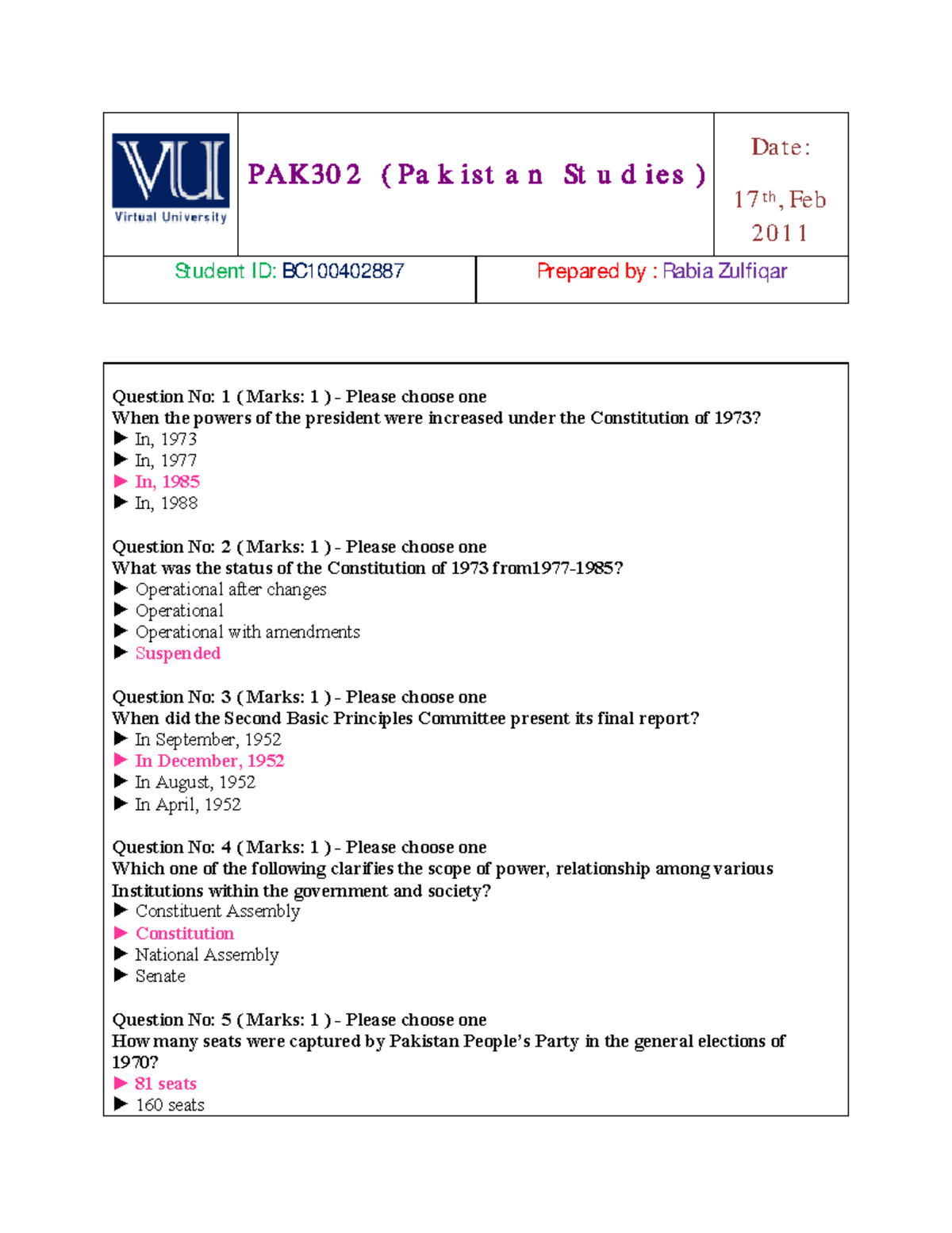 Pak301 Final Term Solved Mcqs By Rabia Pak30 2 Pa K I St A N St U D I E S Date 1 7 Th 5828