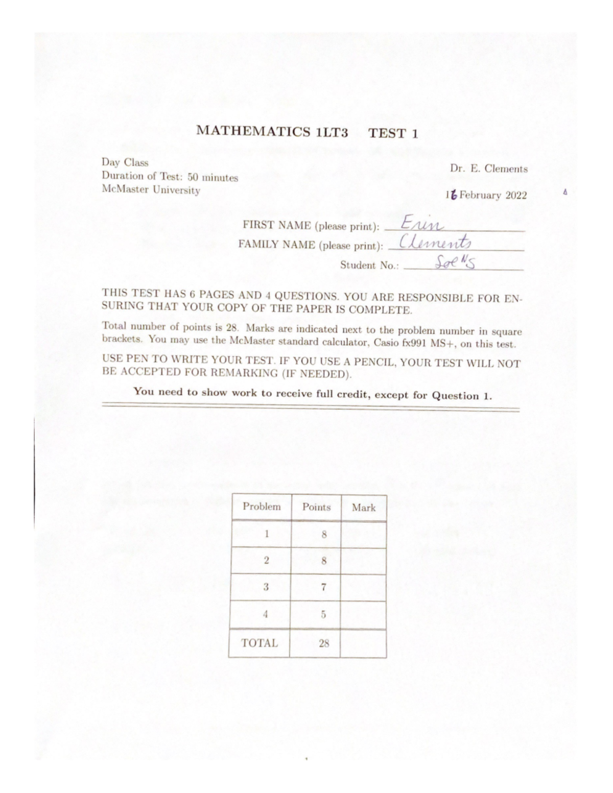 M1LT3 T1solns feb2022 - Test 1 Feb 2022 Solutions - Math 1Lt3 - Studocu