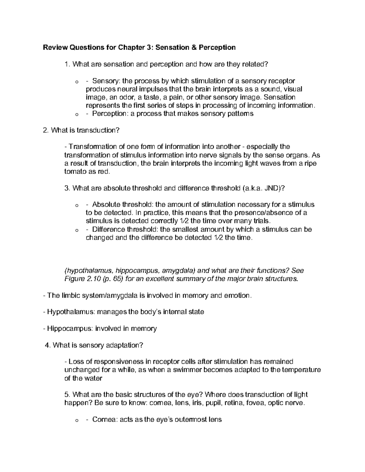 Review Questions for Chapter 3 - Sensation represents the first series ...