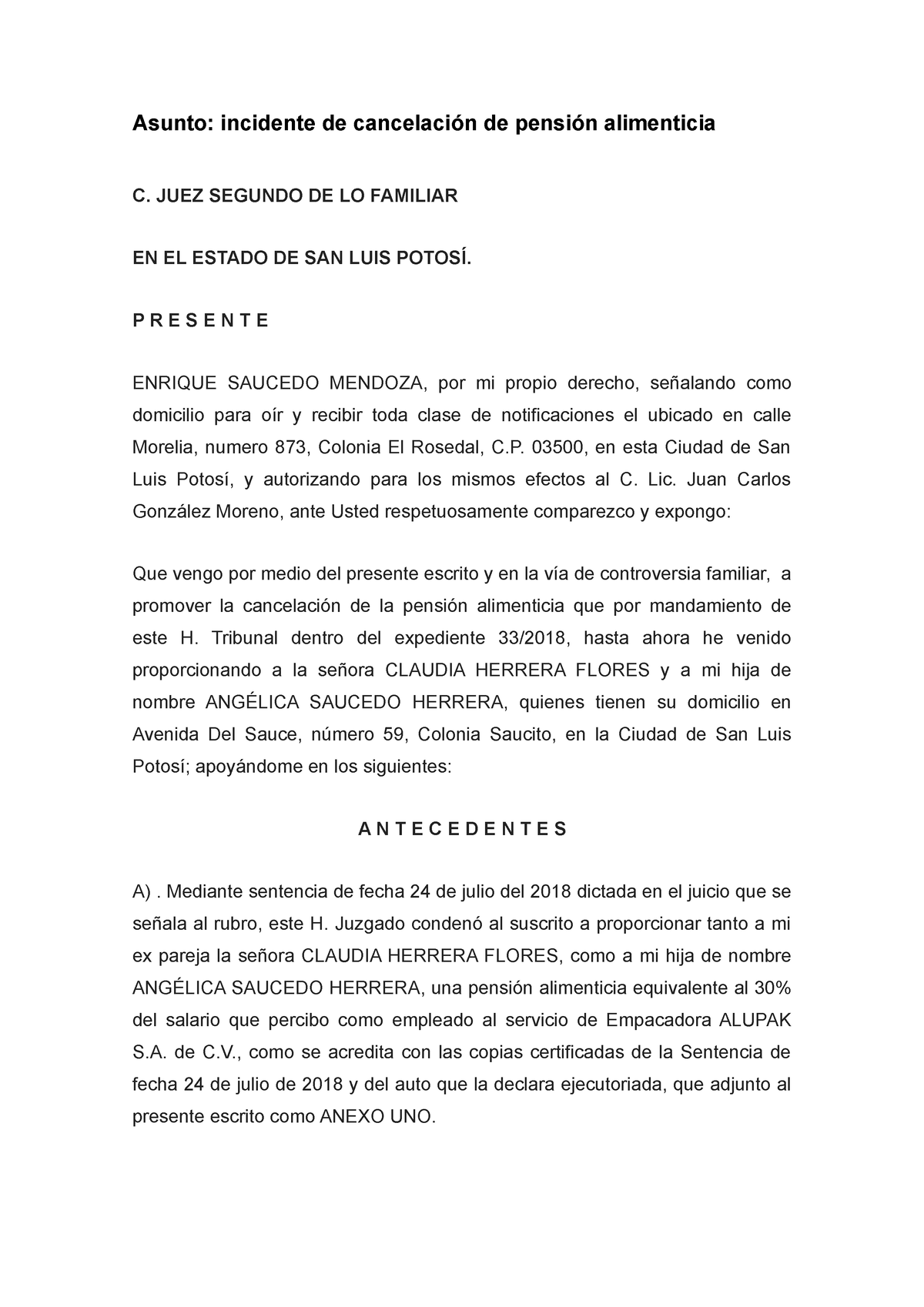 Incidente De Cancelacion De Pension Asunto Incidente De Cancelación De Pensión Alimenticia C 7166