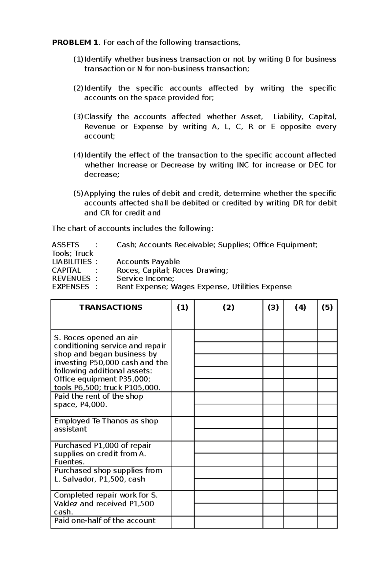 Problem Solving - PROBLEM 1. For each of the following transactions, (1 ...