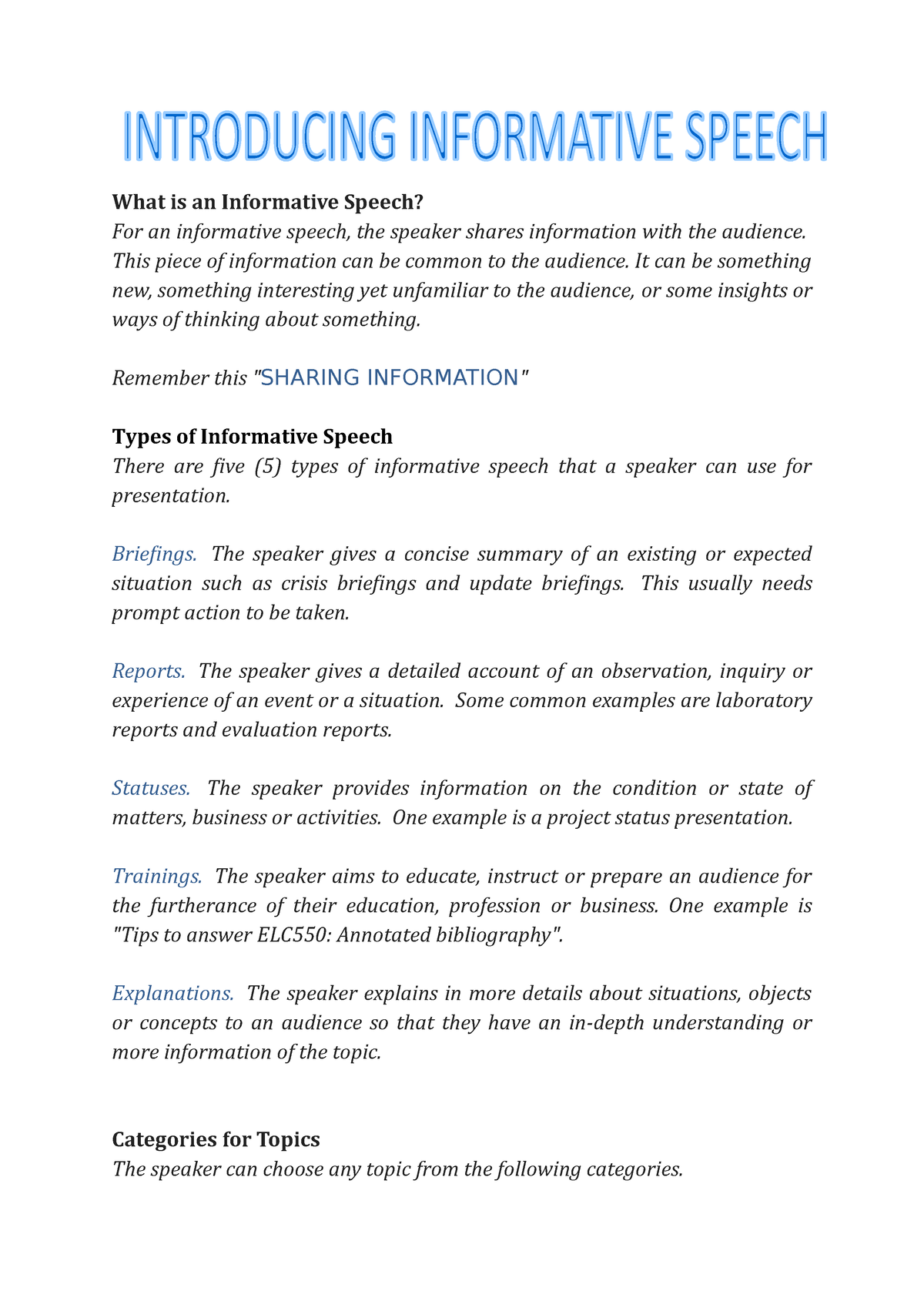 informative speech process examples