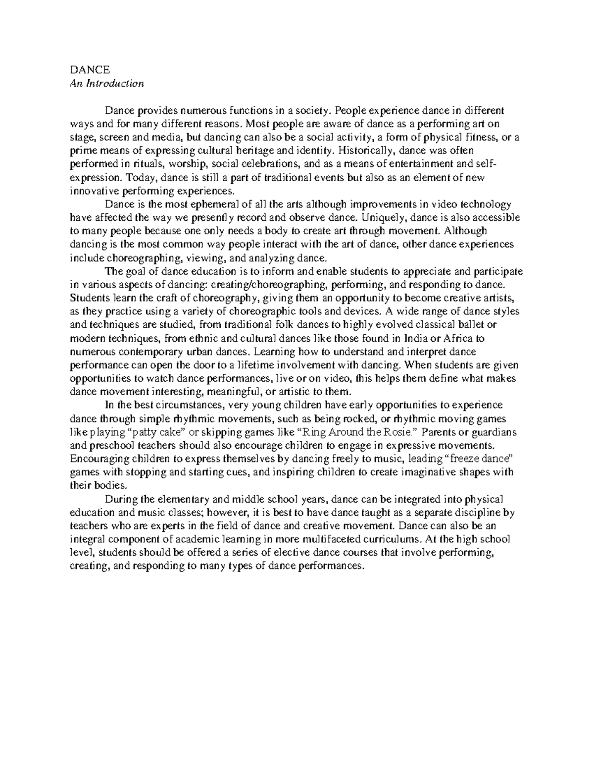 Dance dakota principles of masters - DANCE An Introduction Dance ...