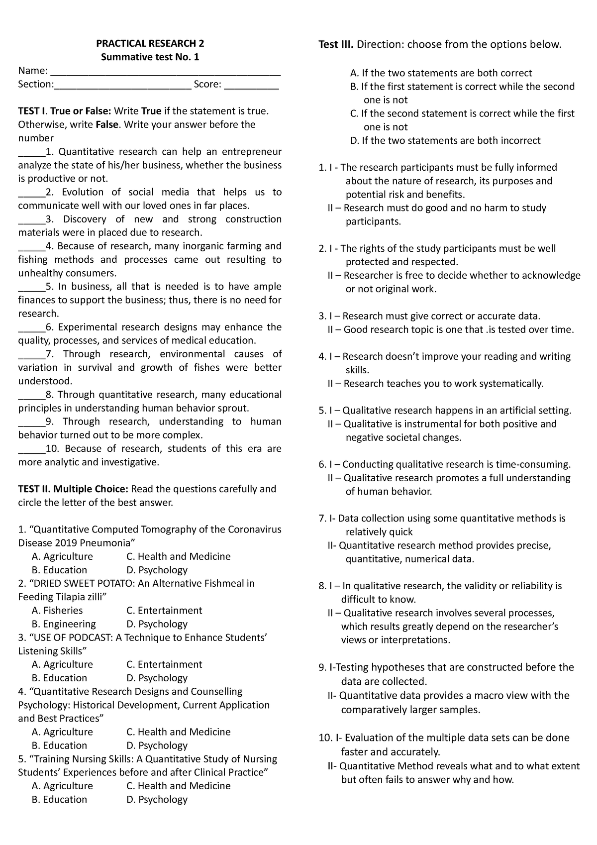 summative assessment in practical research 2 answer key