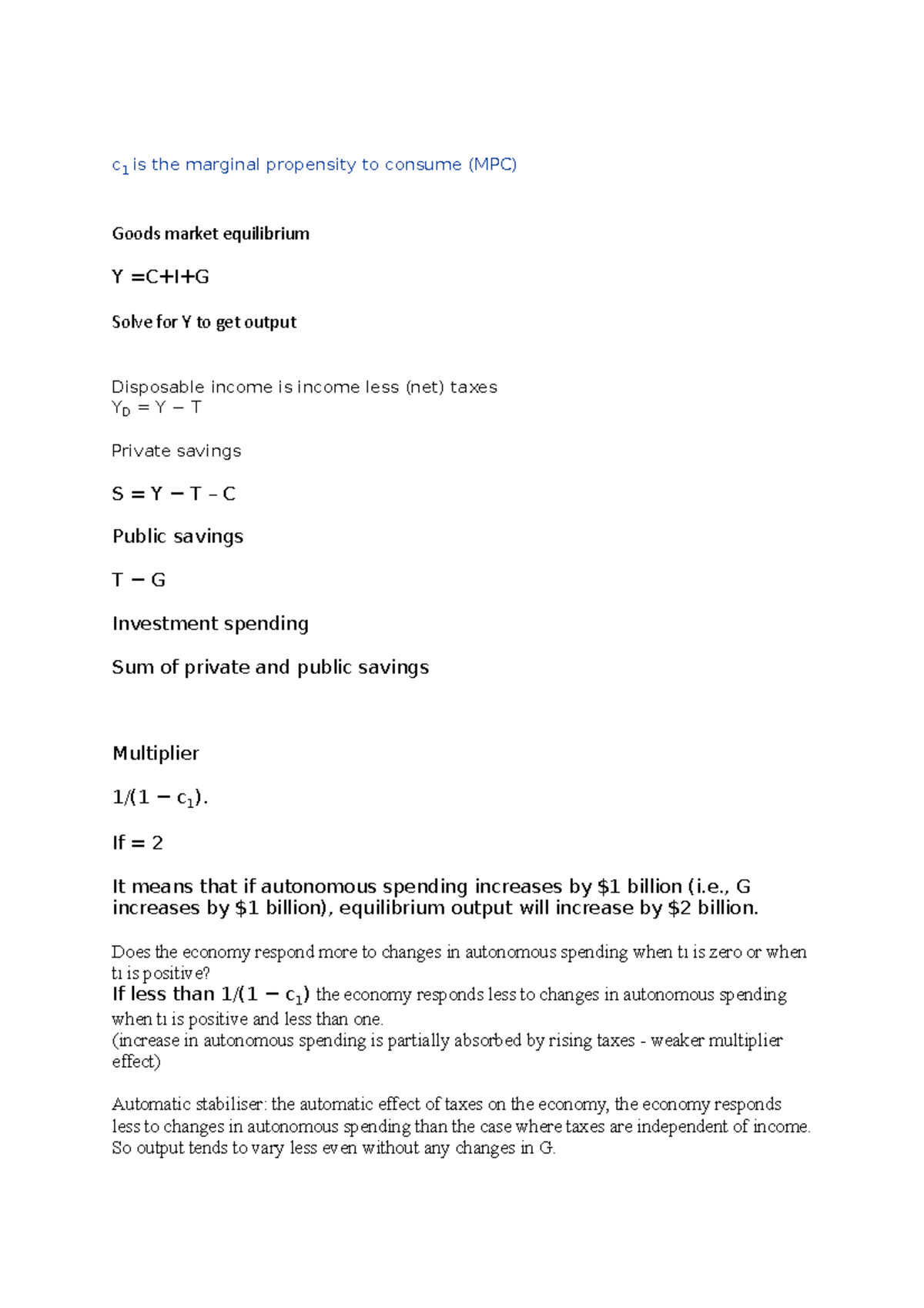Notes Economics Lectures C 1 Is The Marginal Propensity To Consume