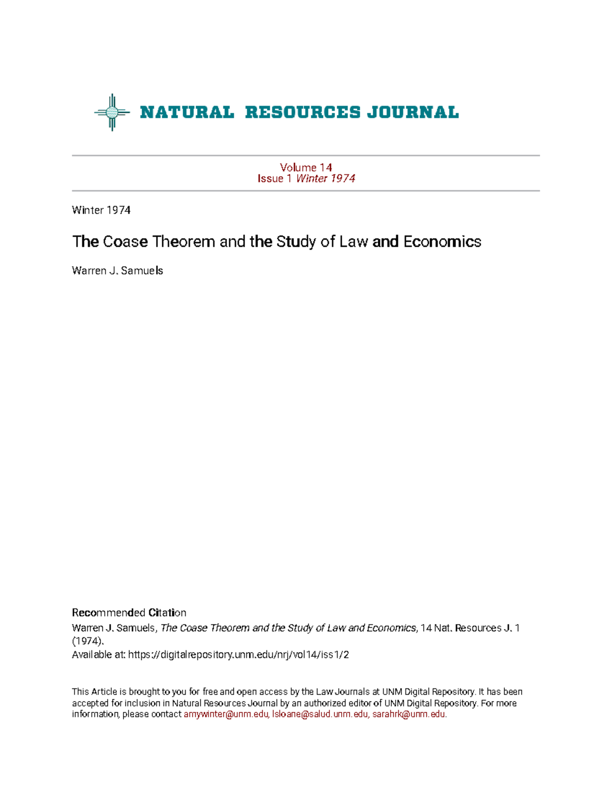 The Coase Theorem and the Study of Law and Economics - Samuels ...