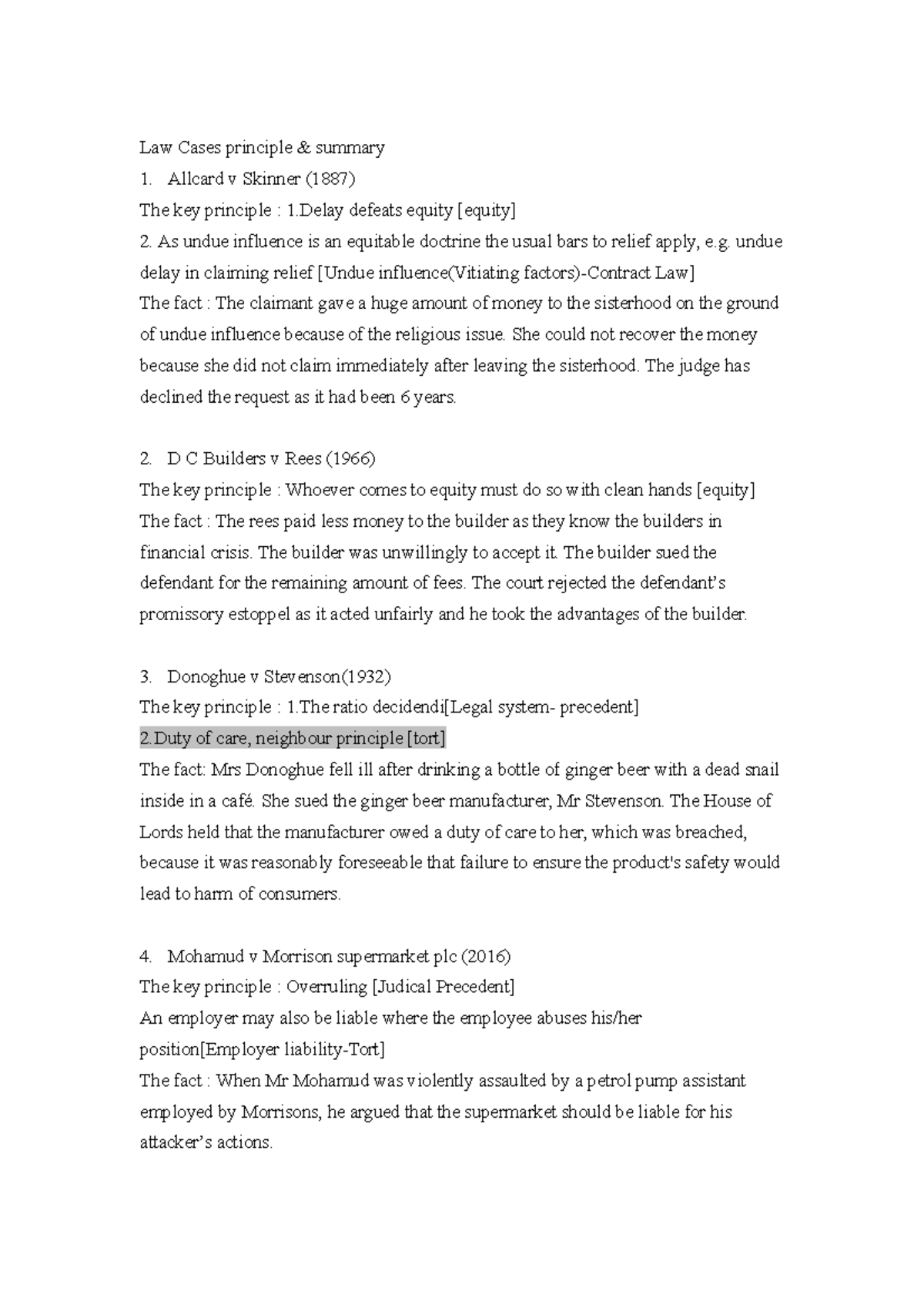 Law Cases Lecture notes All the lecture Law Cases principle