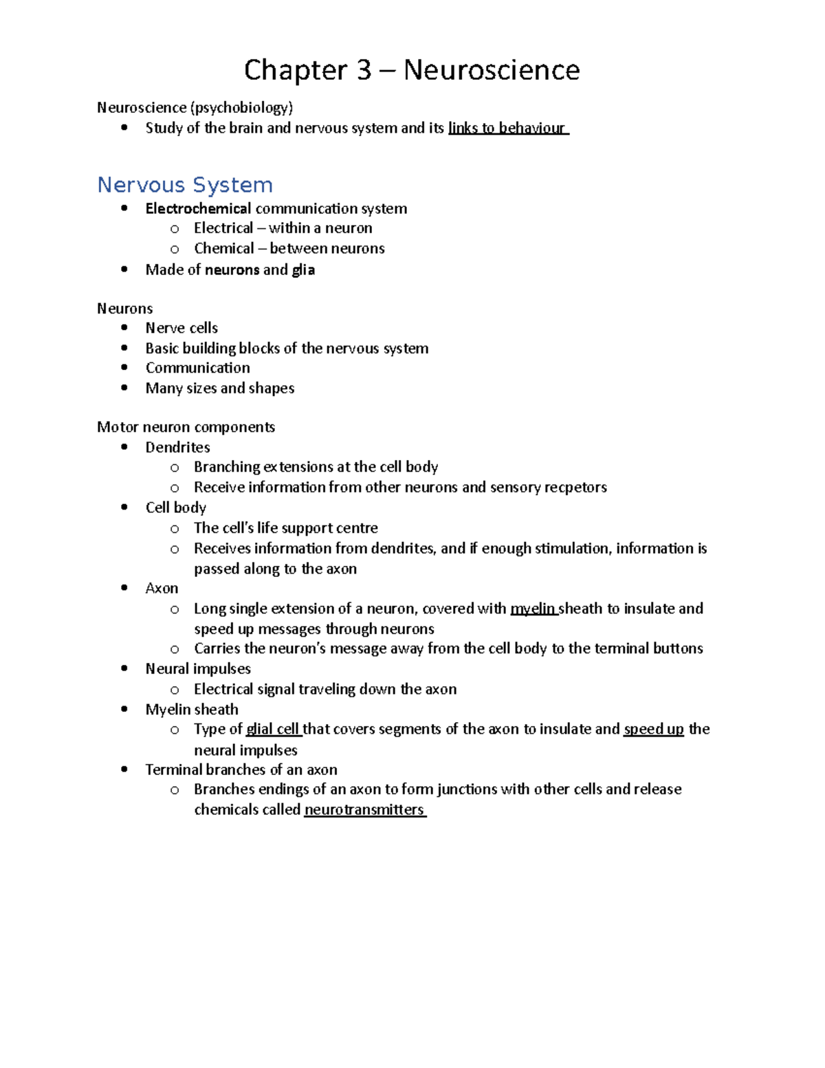 Ch 3 - P1 Chapter Summary Notes - Neuroscience (psychobiology) Study Of ...