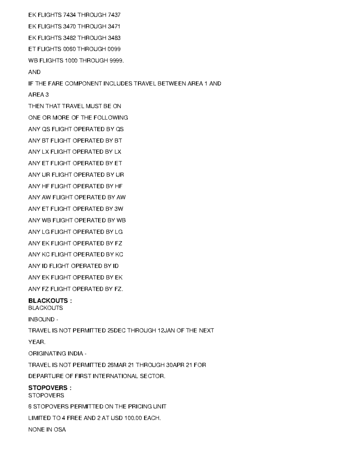 Emirates Fare Conditions 16 EK FLIGHTS 7434 THROUGH 7437 EK FLIGHTS 