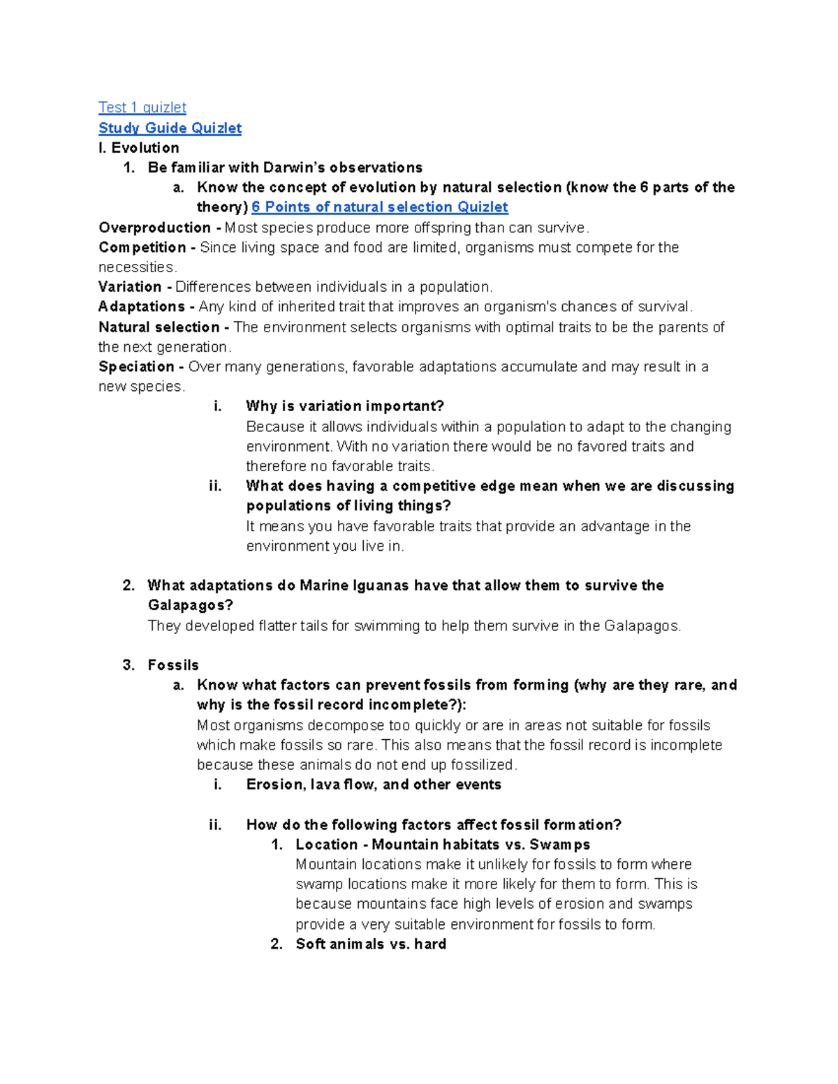 Unit 1 Study Guide - Test 1 quizlet Study Guide Quizlet I. Evolution 1 ...