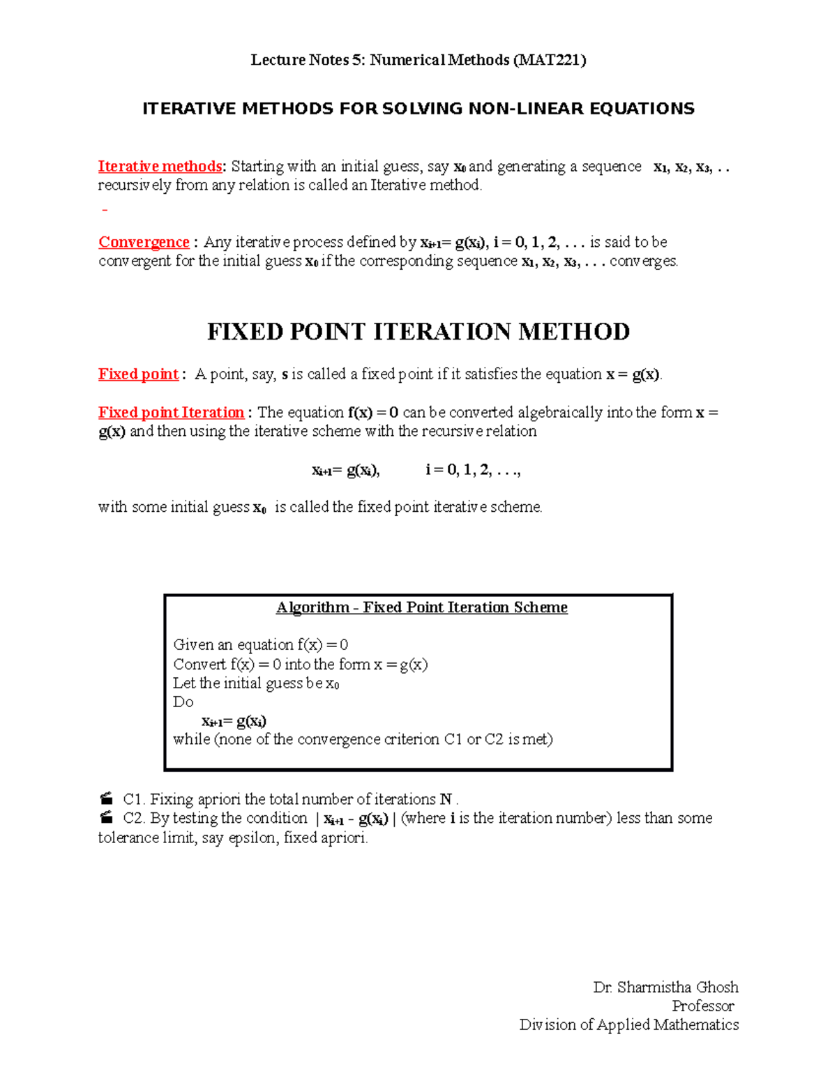 L5-Fixed Point Iteration - Lecture Notes 5: Numerical Methods (MAT221 ...