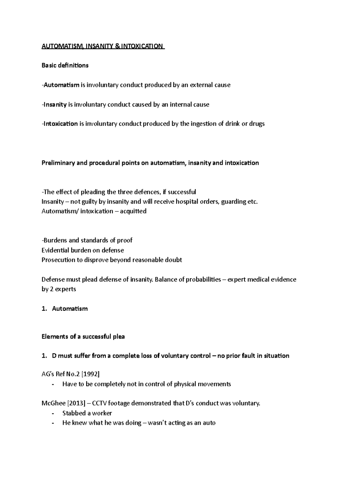 Automatism insanity intox lecture notes - AUTOMATISM, INSANITY ...