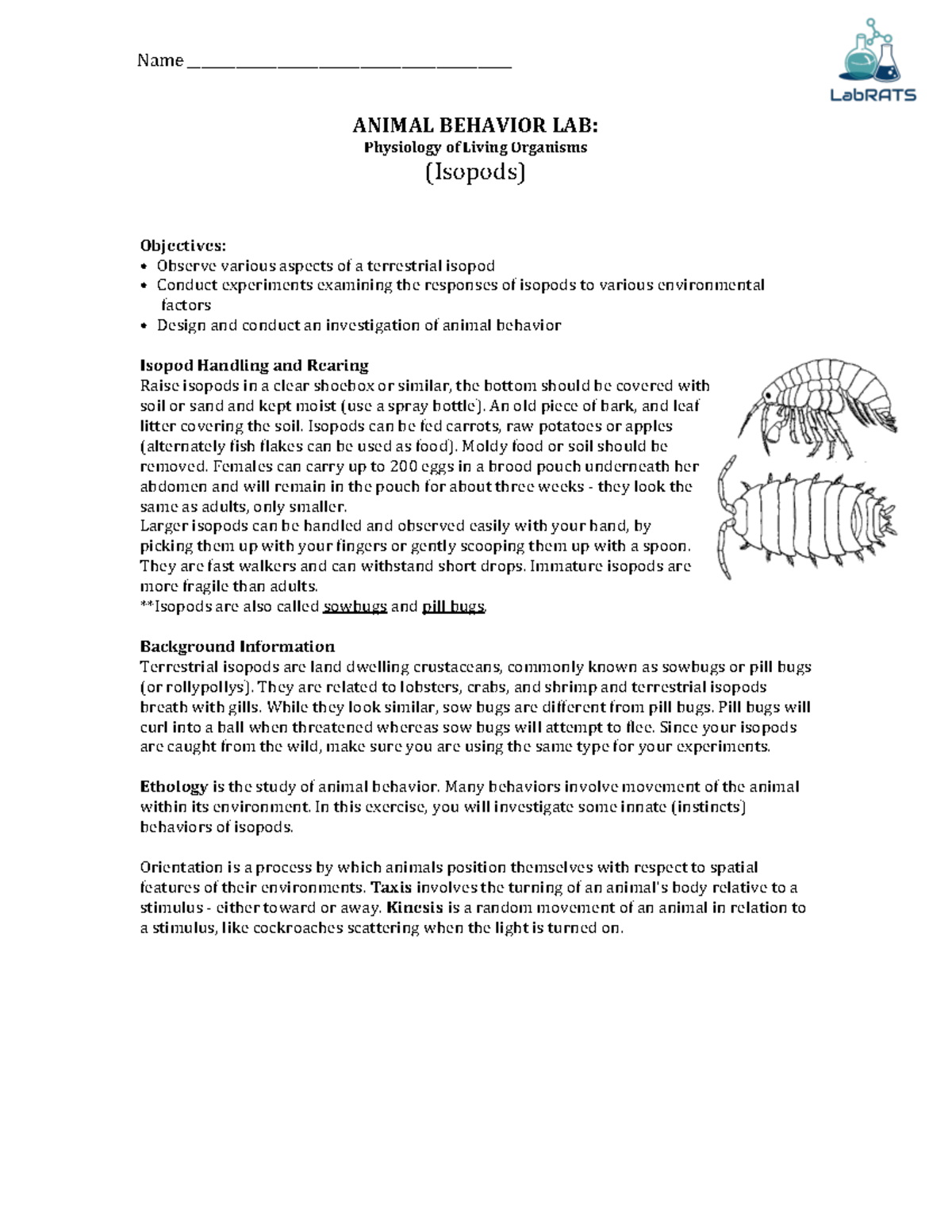 Animal Behavior Pillbugs lab ANIMAL BEHAVIOR LAB Physiology of Living Organisms (Isopods