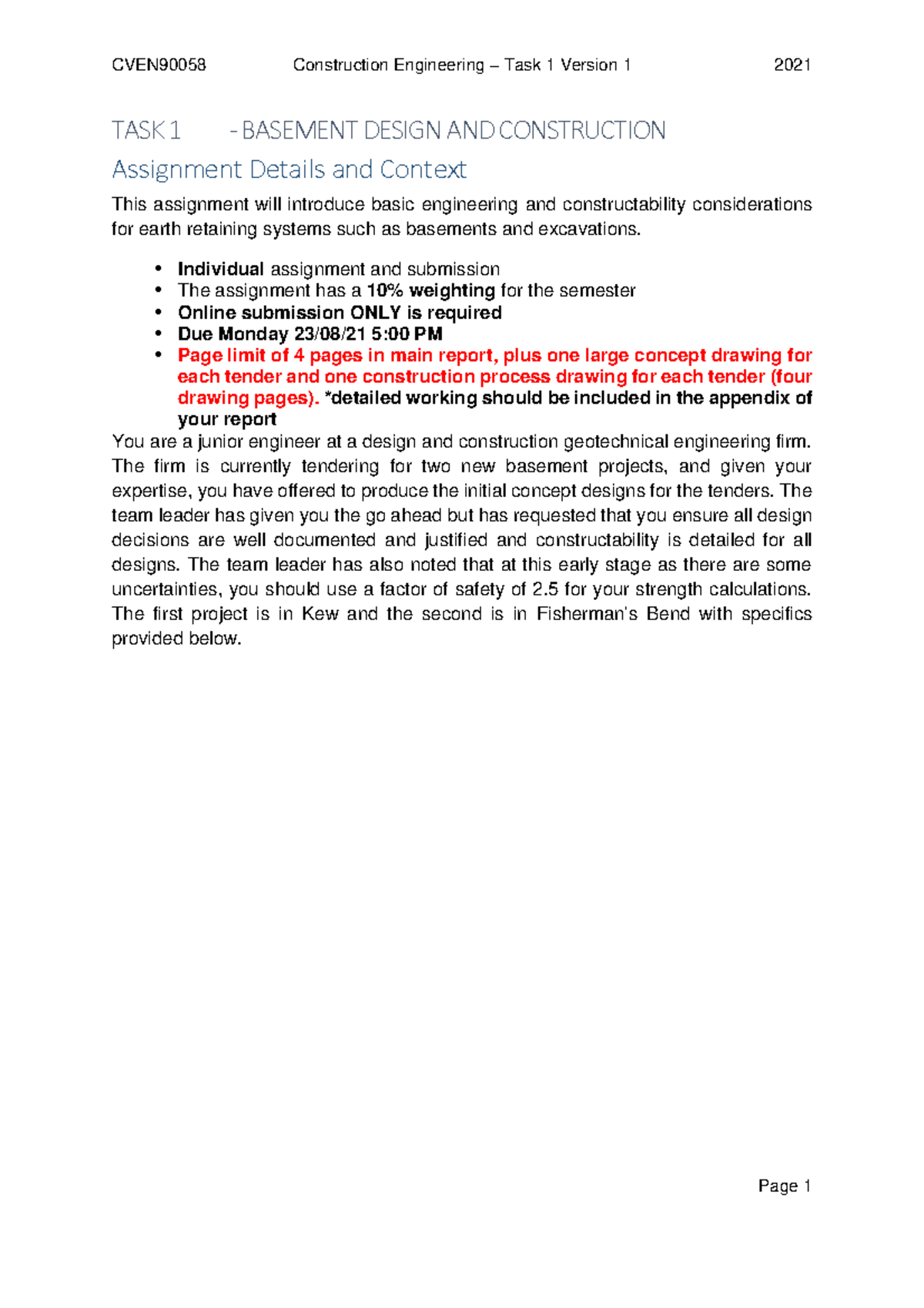 Task 1 - CVEN90058 2021 V1 - TASK 1 - BASEMENT DESIGN AND CONSTRUCTION ...