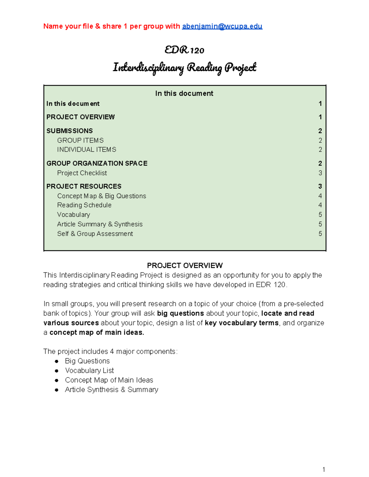 Mental Health Interdisciplinary Reading project - EDR 120 ...