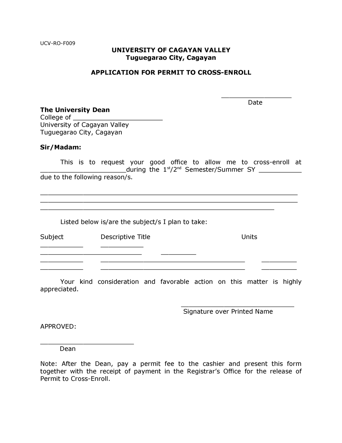 Application for permit to cross-enroll - UCV-RO-F UNIVERSITY OF CAGAYAN ...