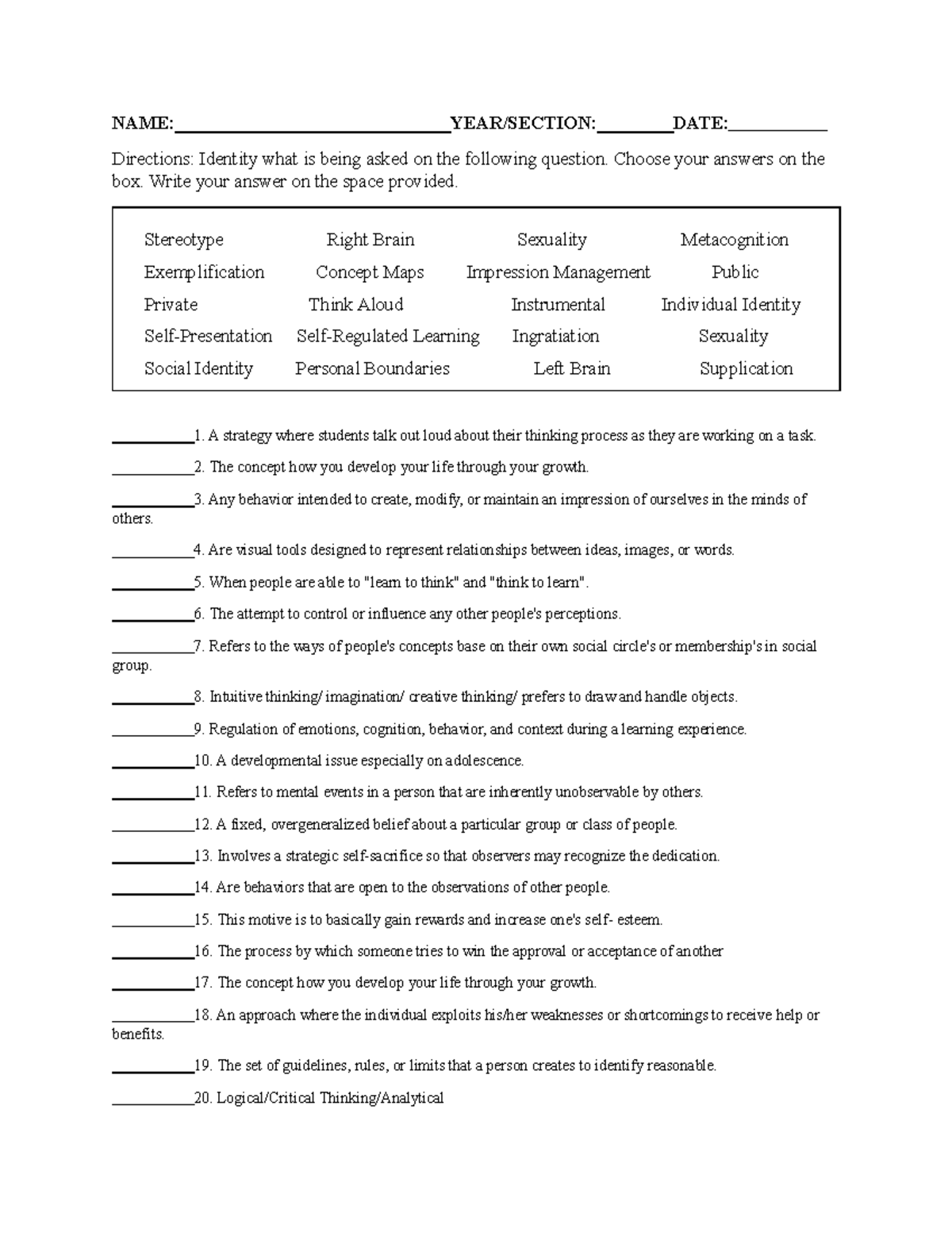 Sinigeng-GENG QUIZ - study hard - Understanding the Self - NAME: YEAR ...