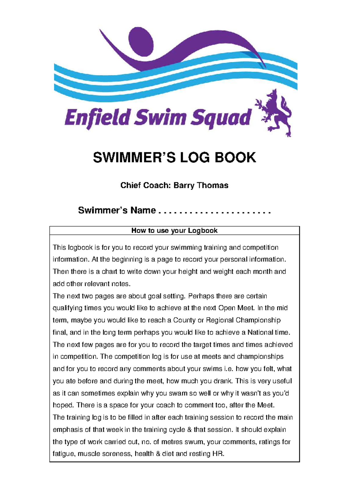 Ess swimmers log book 1 - uuutraining program for individuals ...