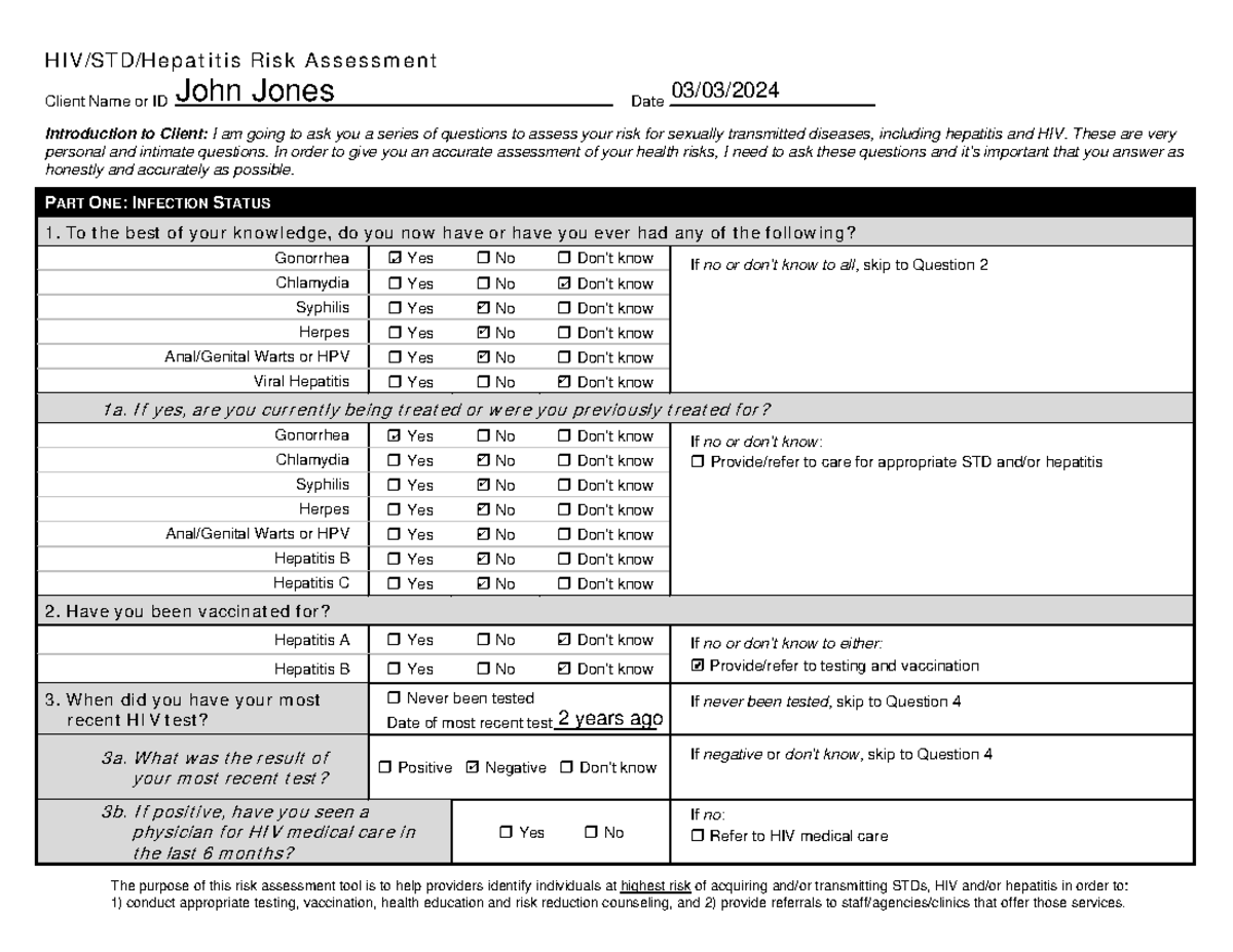 HSE 353 Module Eight Jones Risk Assessment - HIV/STD/Hepatitis Risk ...