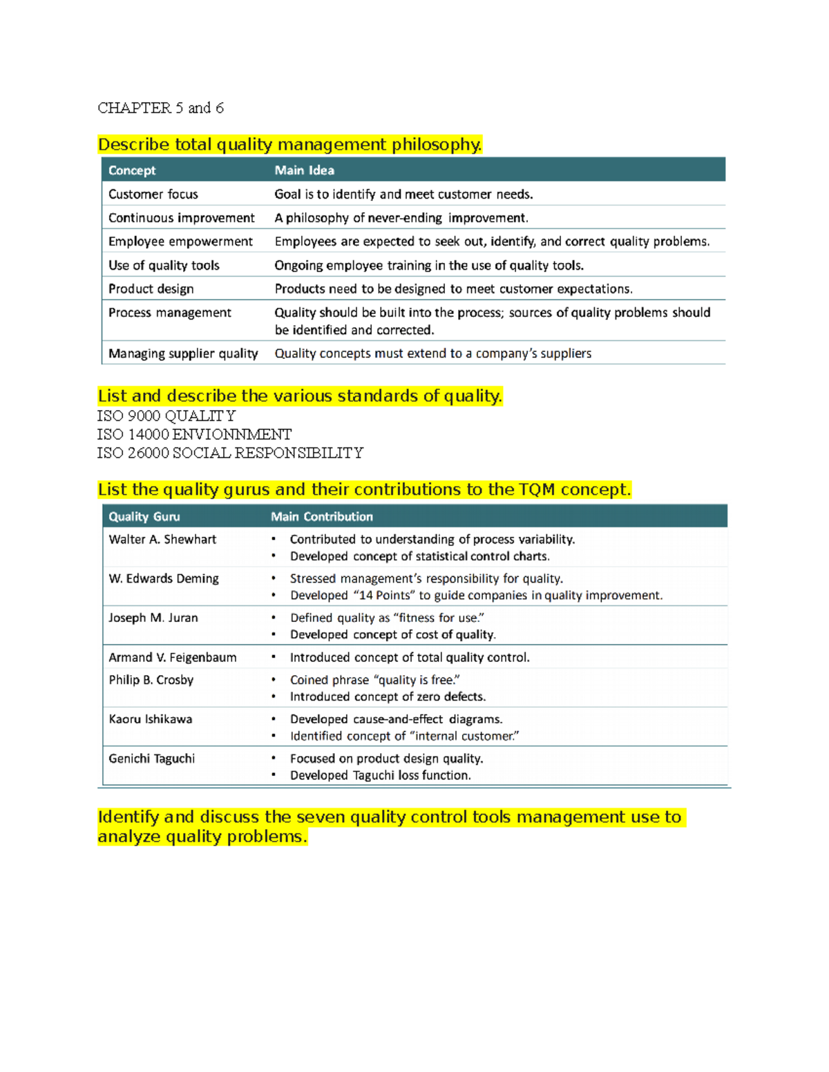 Operations management study guide - CHAPTER 5 and 6 Describe total ...