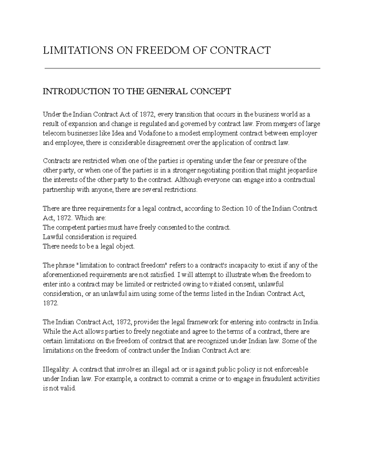 Contracts Project LIMITATIONS ON FREEDOM OF CONTRACT INTRODUCTION TO