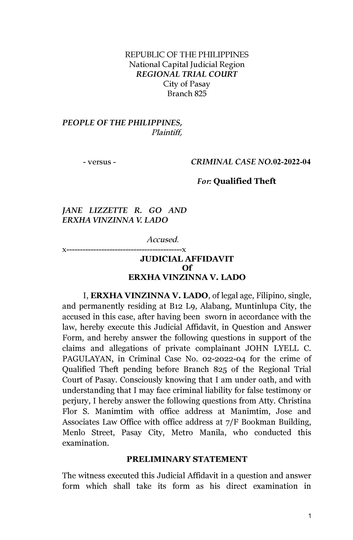 Judicial Affidavit Sample Republic Of The Philippines National Capital Judicial Region 5145