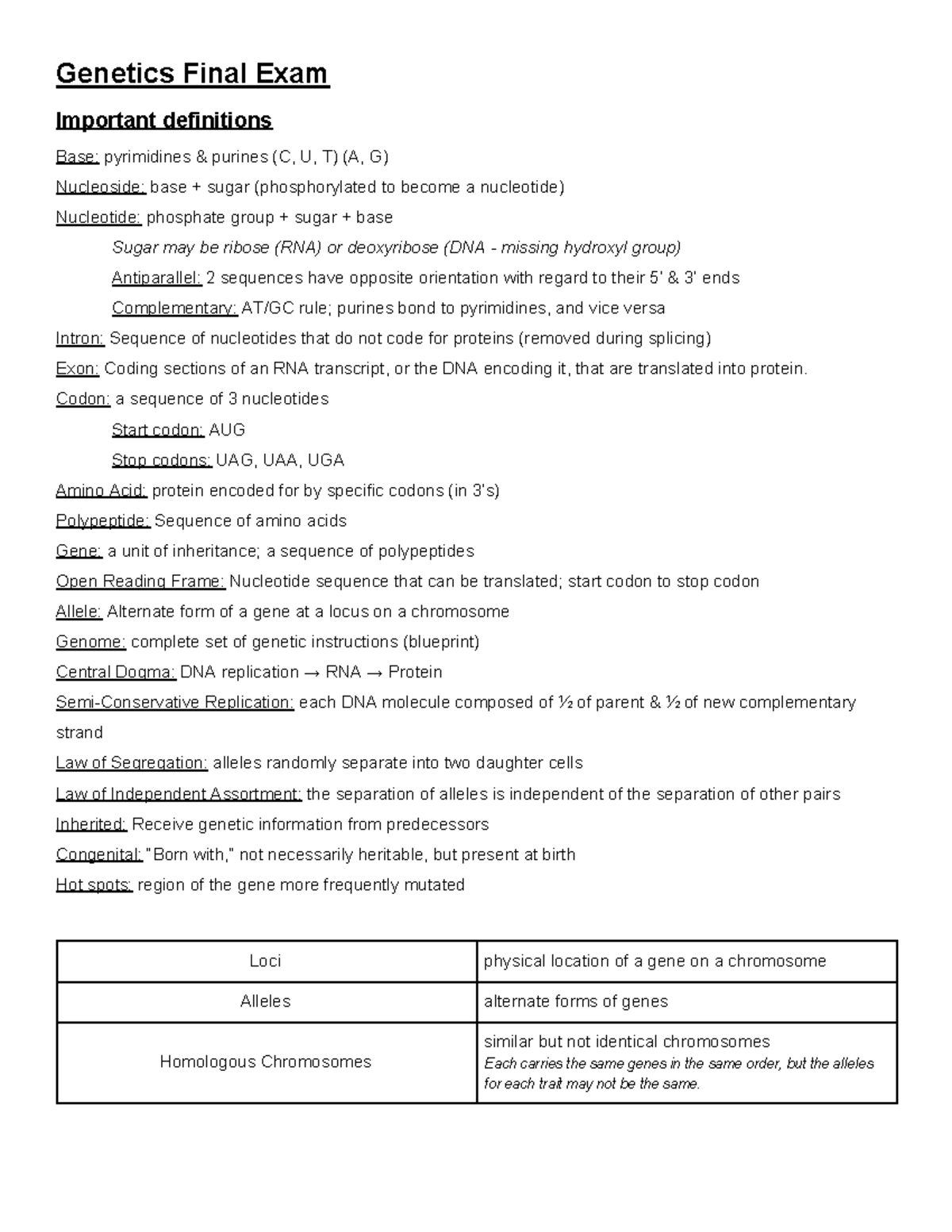 Genetics Final Study Guide - Genetics Final Exam Important definitions ...