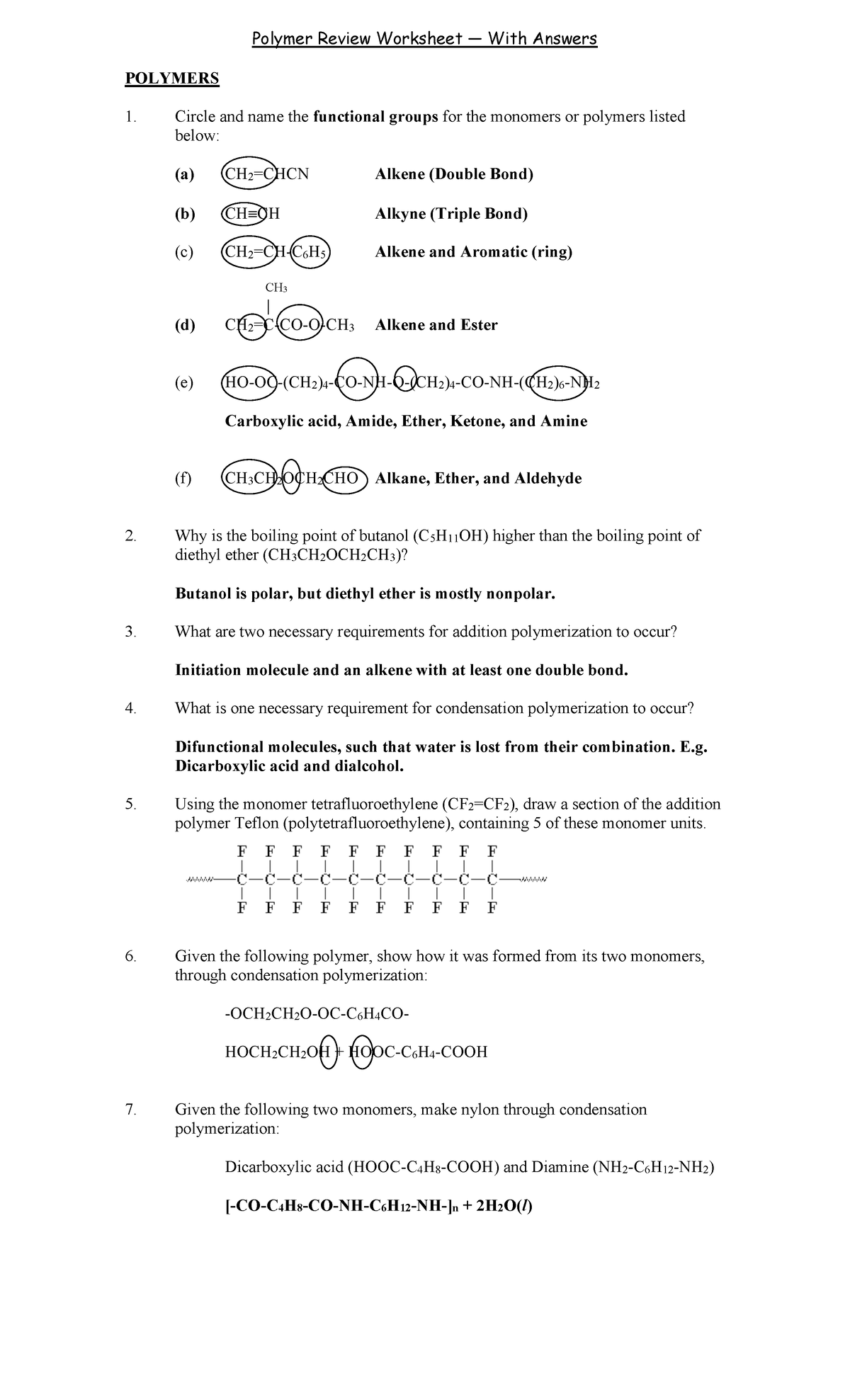 Polymer Review Worksheet - What are two necessary requirements for ...