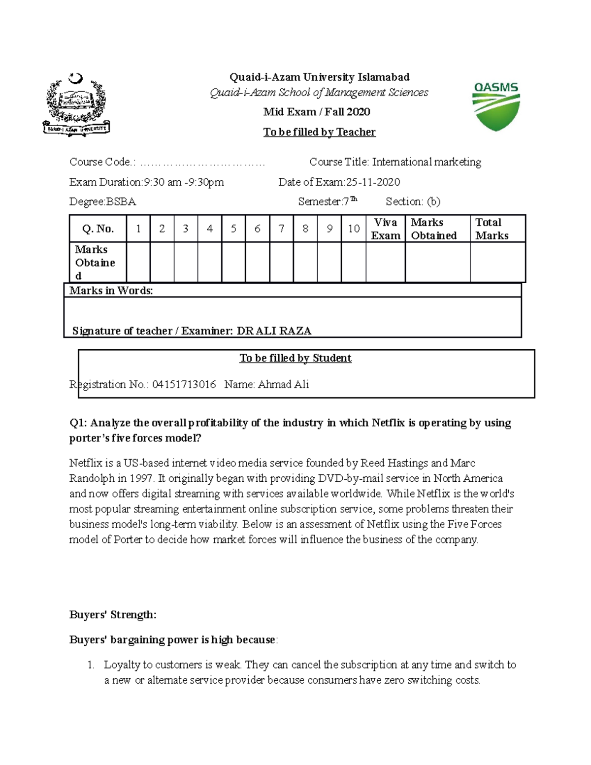 Ahmad Ali - IM mid paper 04151713016 - Quaid-i-Azam University ...