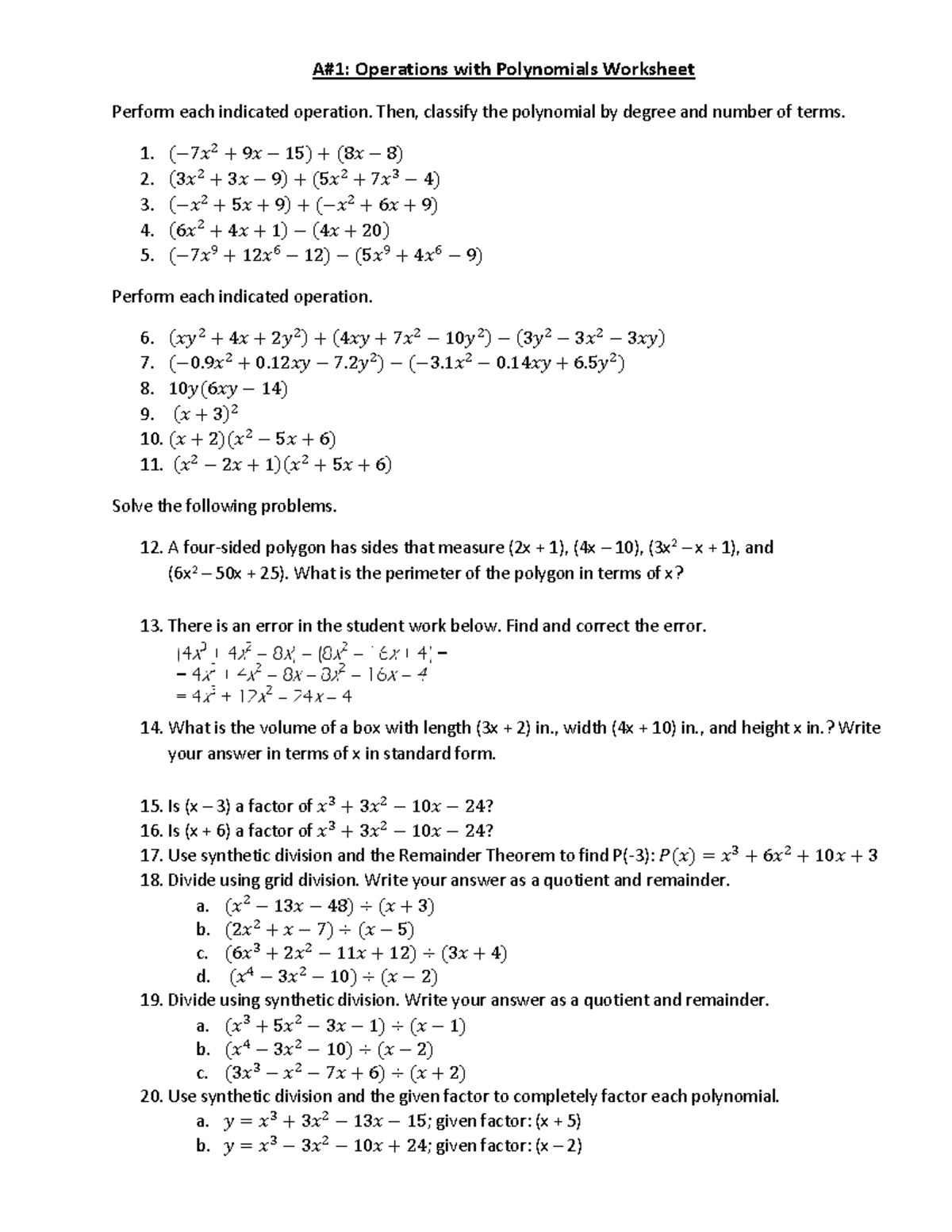 A1 Operations with Polynomials Worksheet-4 - A#1: Operations with ...