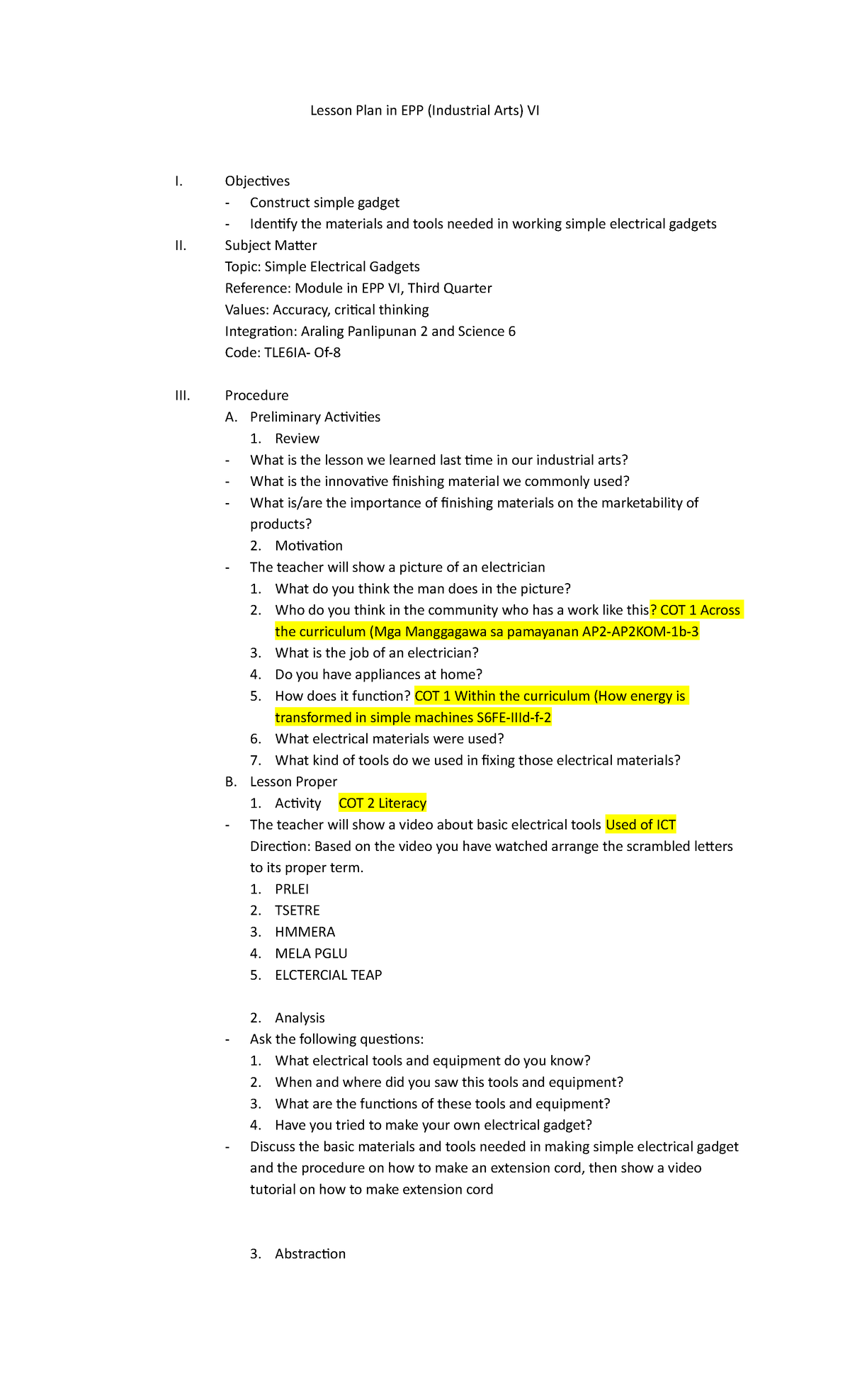 Industrial ARTS 6 LP Construct Simple Gadget - Lesson Plan In EPP ...