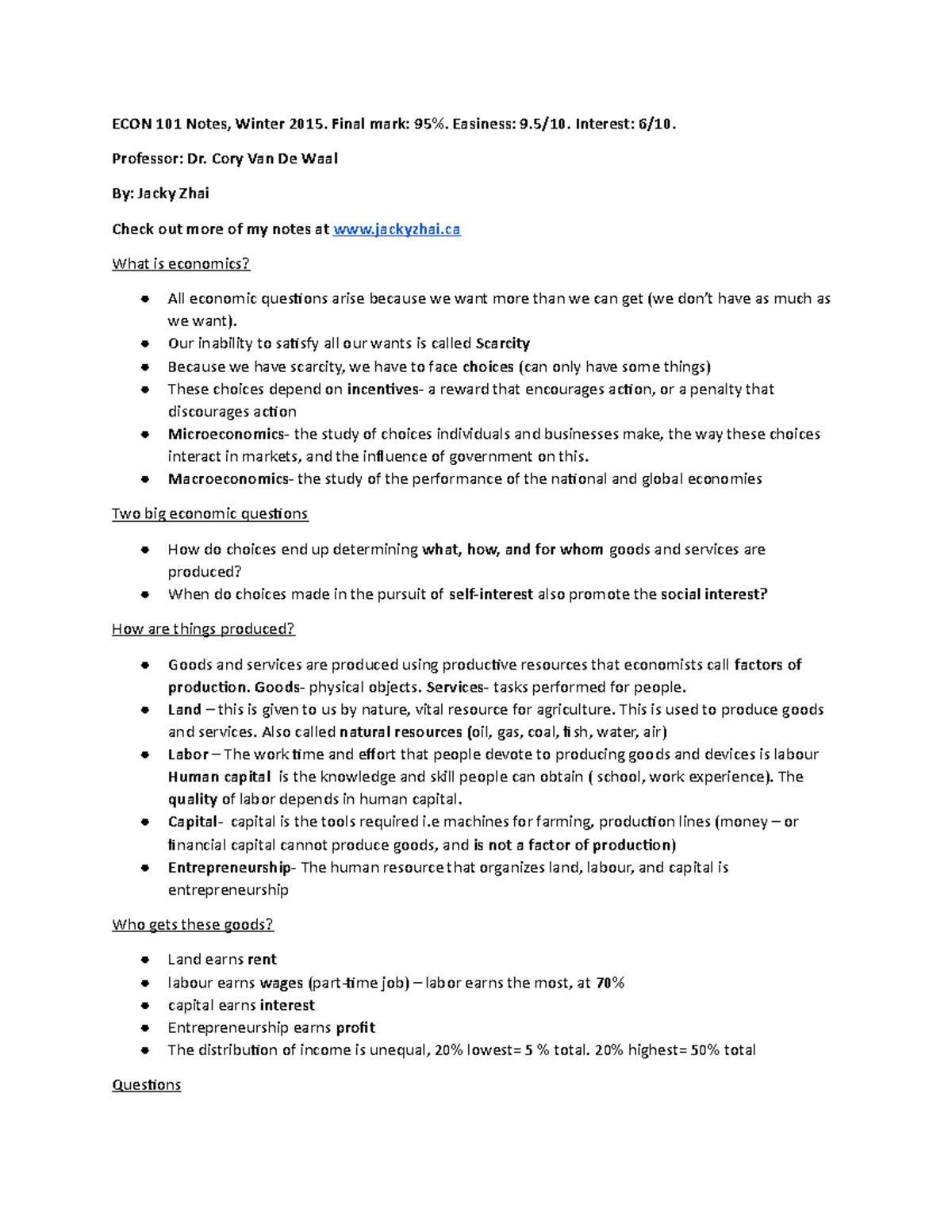 Copy Of Econ101 Notes Summaries Of Most Lectures Econ 101 Notes