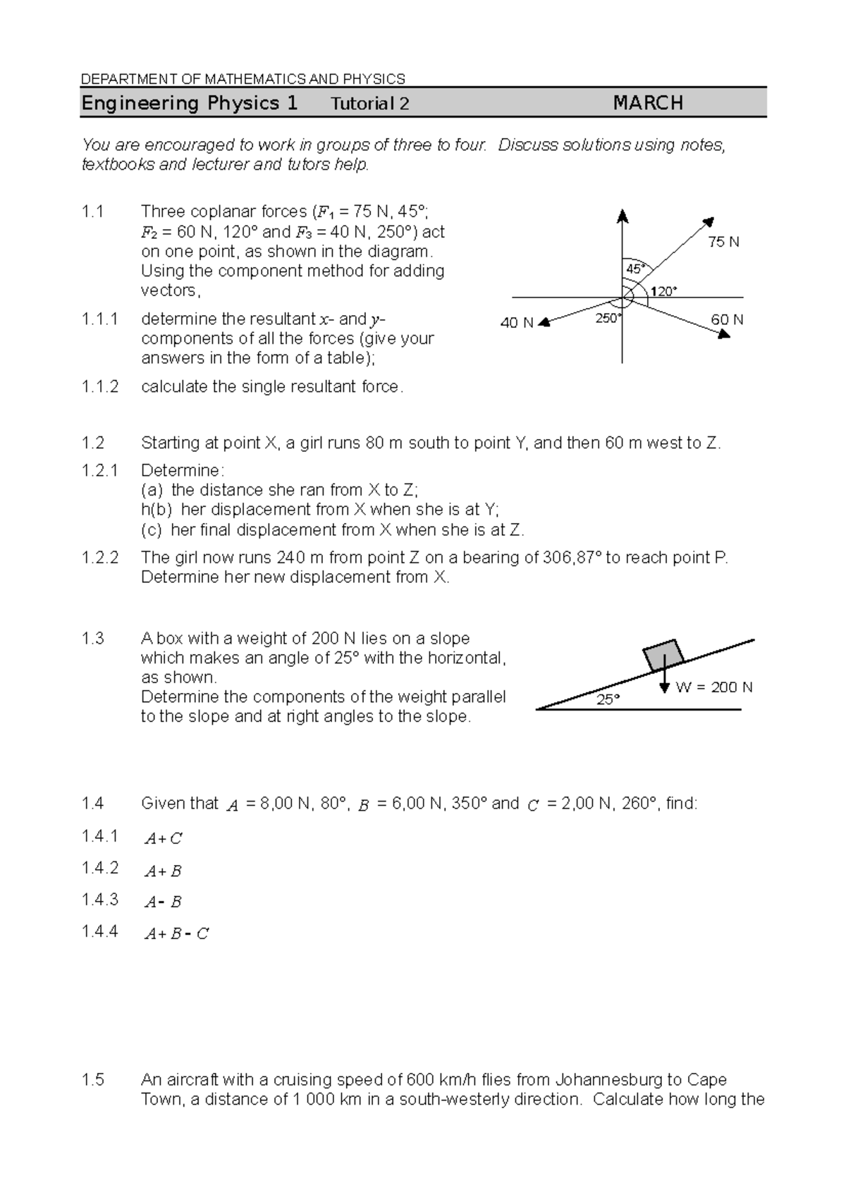 Tutorial 2 - Vectors And Scalars - 25° W = 200 N DEPARTMENT OF ...