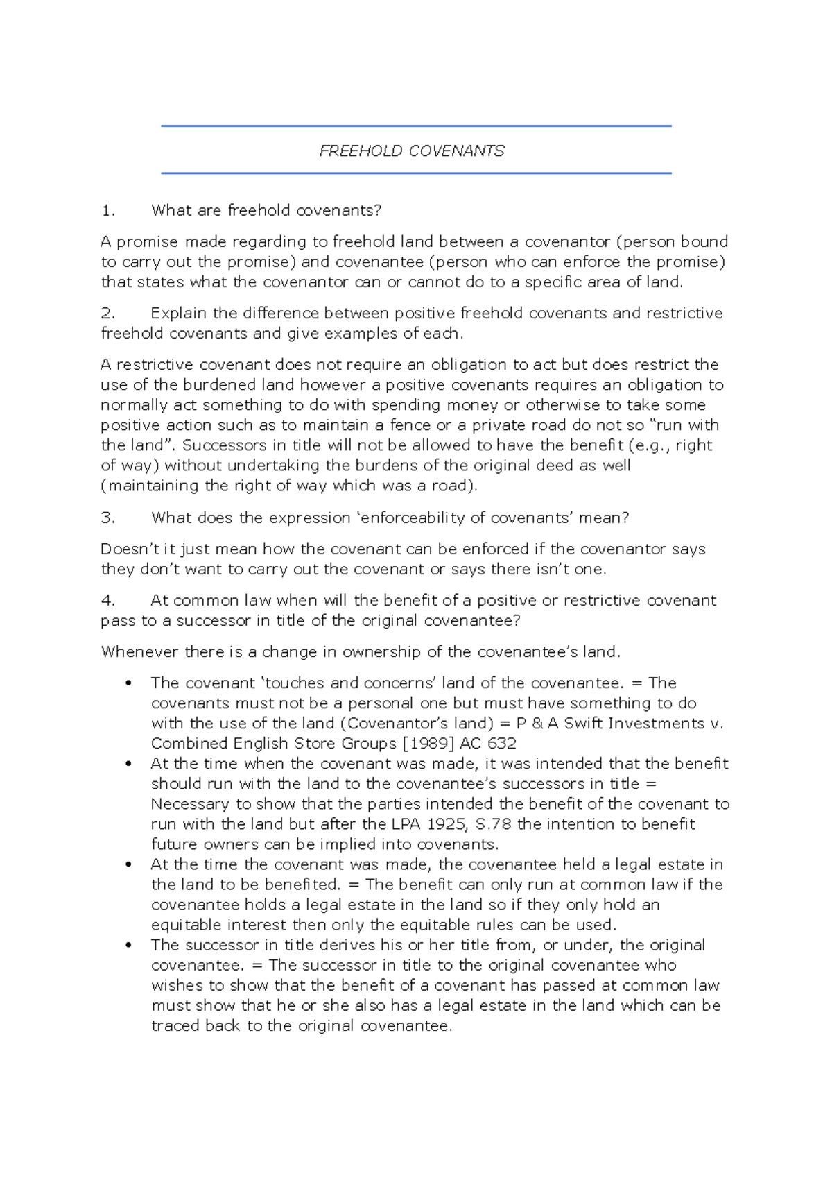 Freehold Covenants Property Law FREEHOLD COVENANTS What are