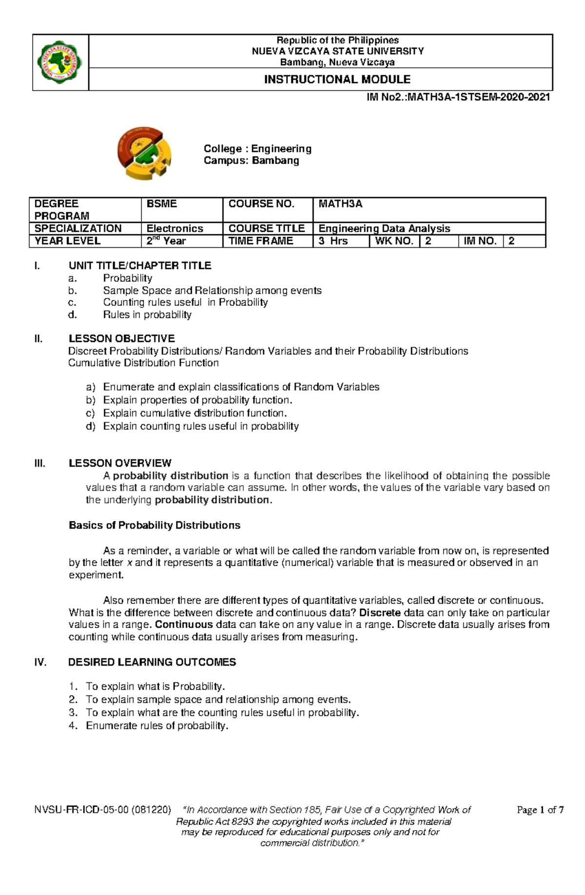 Data module 2 ECE UNIT TITLE/CHAPTER TITLE a. Probability b. Sample Space and Relationship