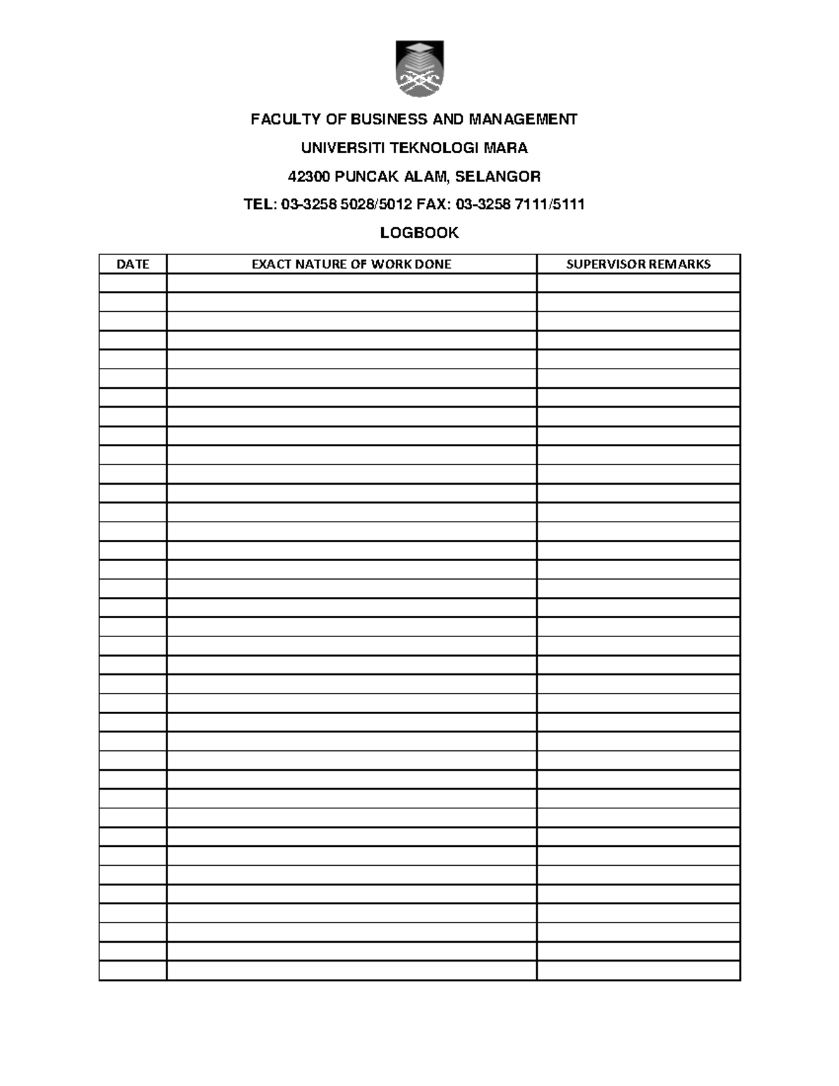 Faculty OF Business AND Management Logbook - Internship - FACULTY OF ...