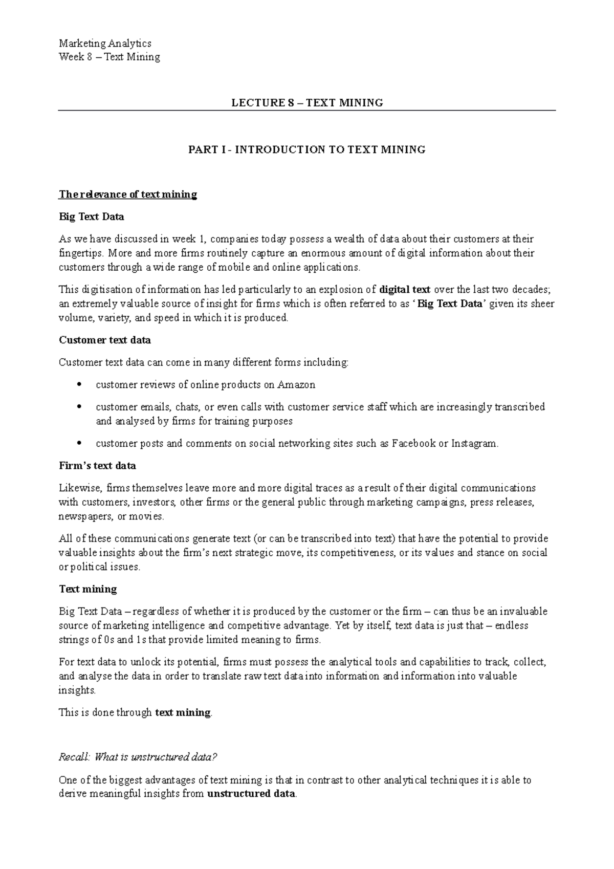 Week 8 - Text Mining - Lecture notes 8 - Week 8 – Text Mining LECTURE 8 ...