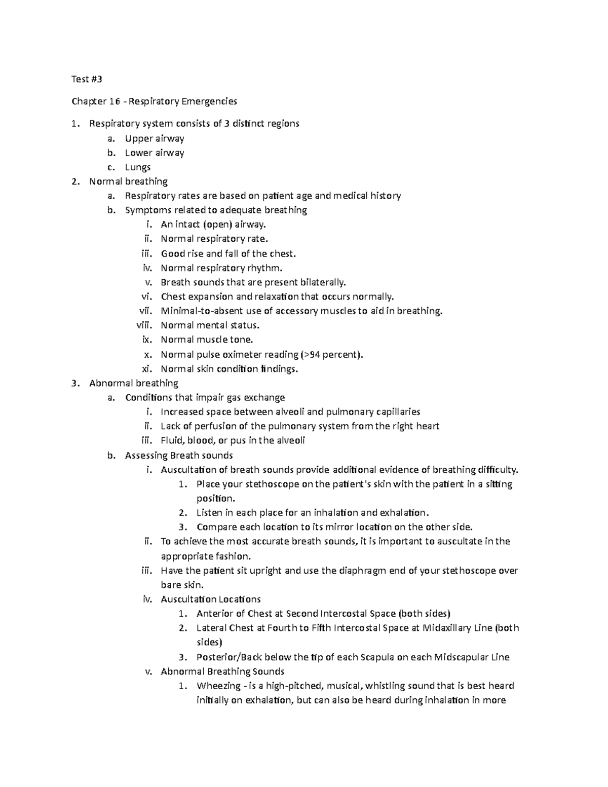 Emt Test 3 - Study Notes - Test # Chapter 16 - Respiratory Emergencies 