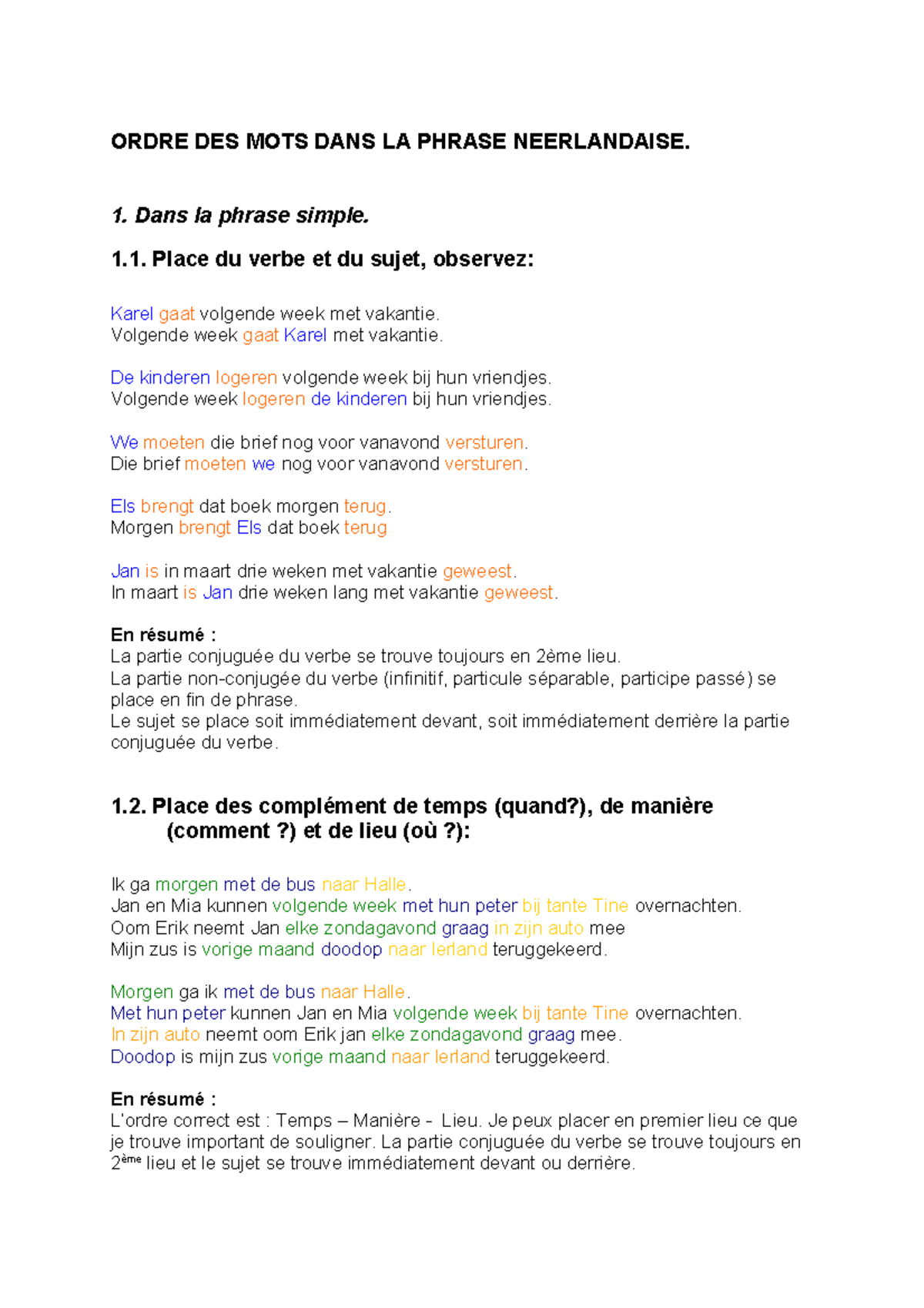 Syntaxe-du-neerlandais - ORDRE DES MOTS DANS LA PHRASE NEERLANDAISE. 1 ...