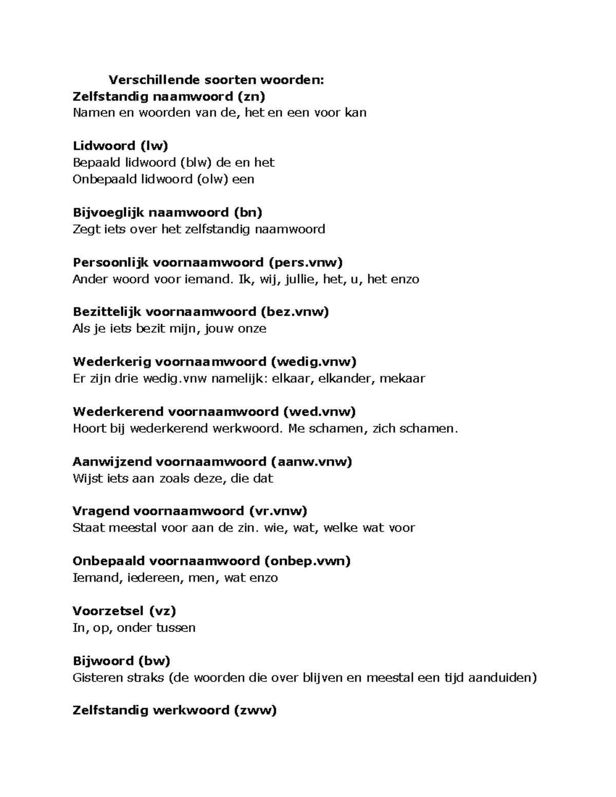 Nederlands Theorie Woordsoorten - Verschillende Soorten Woorden ...