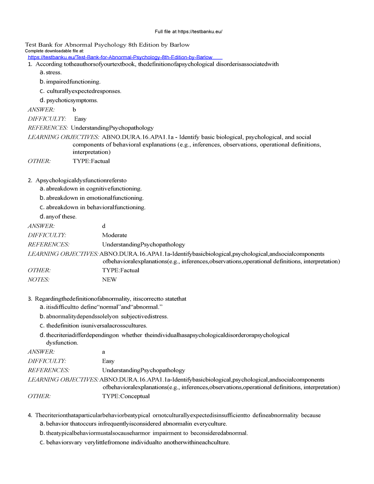 Test Bank For Abnormal Psychology 8th Edition By Barlow - Full File At ...