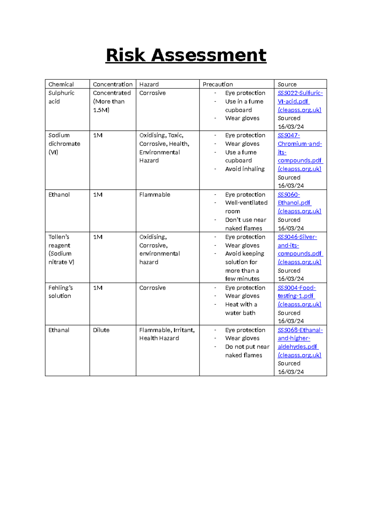 Practical 5b Risk assessment Risk Assessment Chemical Concentration